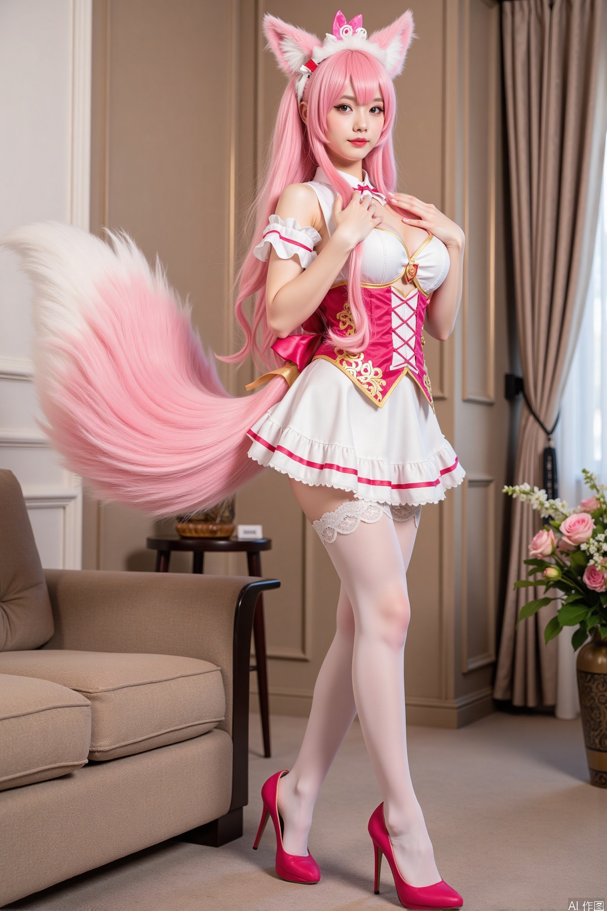 Realistic photo, one young woman, long hair, fair skin, big breasts, fox ears, fox tail, daji cosplay costume, stockings, long legs, high heels, full body, standing, luxury living room, flowers,