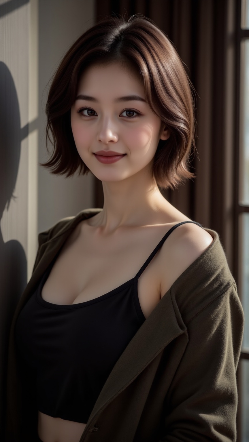 Create a vibrant scene featuring a young Asian woman with bright pink lips and sweet smile,  short brown hair,  relaxed fa...