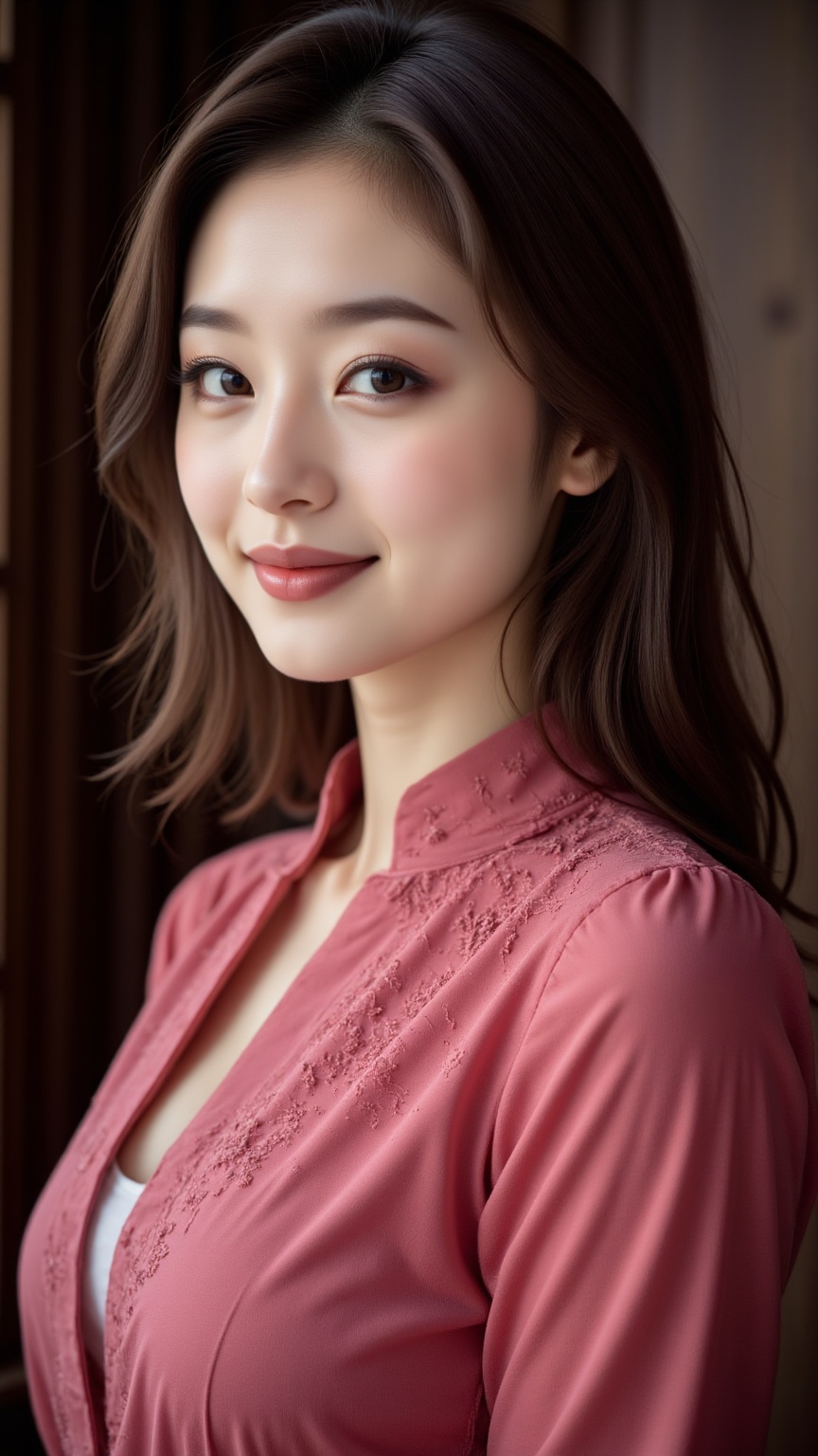 Create a vibrant scene featuring a young Asian woman with bright pink lips and a sweet smile,  brown hair,  glossy eyes so...