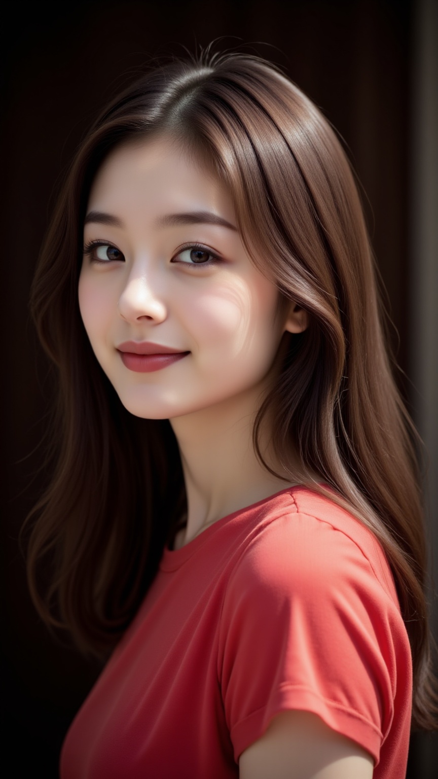 Create a vibrant scene featuring a young Asian woman with bright pink lips and sweet smile,  brown hair,  glossy eyes soft...