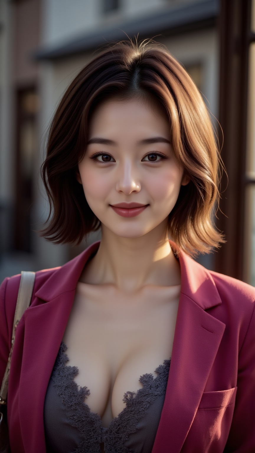 Create a vibrant scene featuring a young Asian woman with bright pink lips and sweet smile,  short brown hair,  relaxed fa...