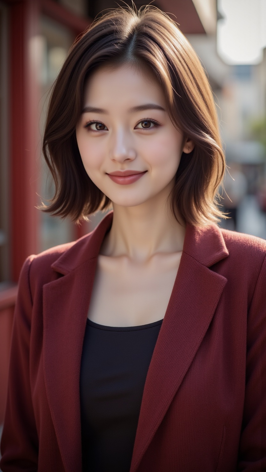 Create a vibrant scene featuring a young Asian woman with bright pink lips and sweet smile,  short brown hair,  relaxed fa...