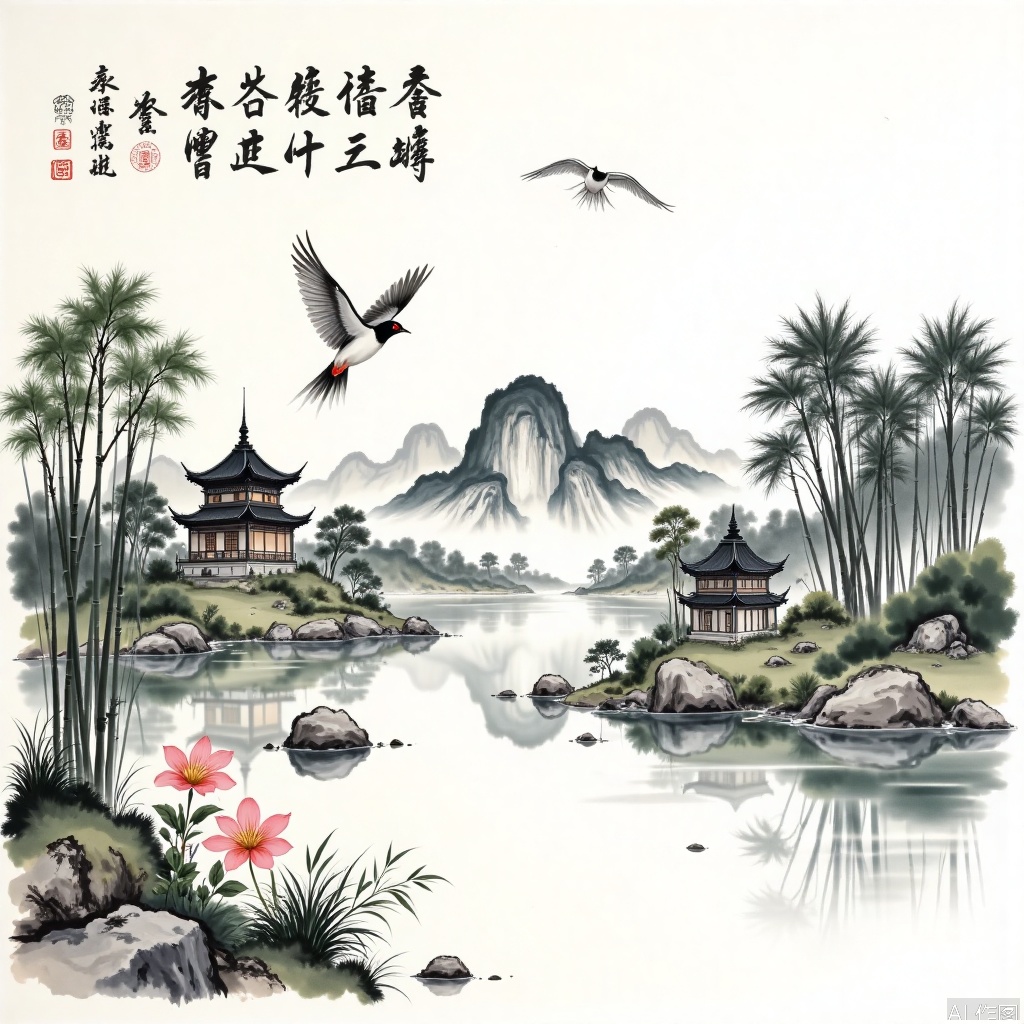 Traditional Chinese ink painting style images,ink and wash,Perfect male robust physics,bird,flowers,
Landscape painting, streams, bamboo forests, pavilions