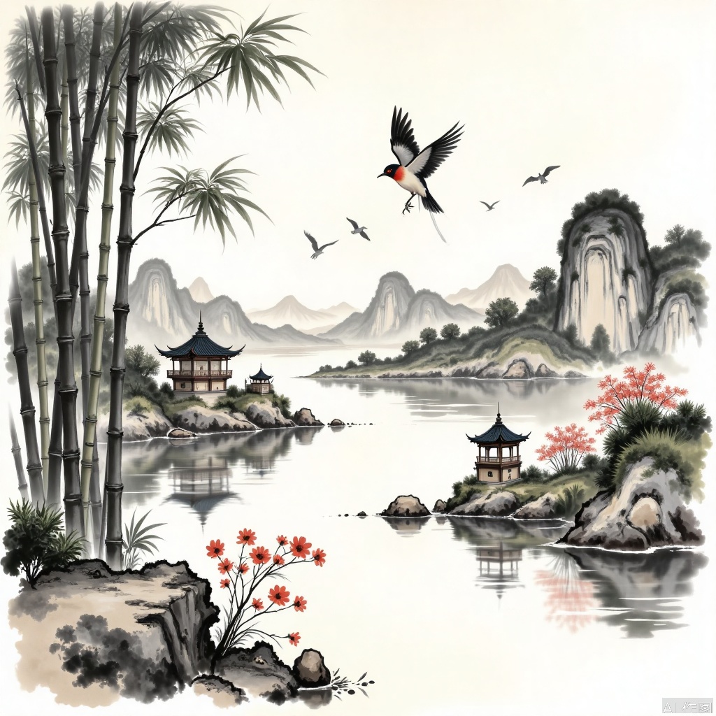 Traditional Chinese ink painting style images,ink and wash,Perfect male robust physics,bird,flowers,
Landscape painting, streams, bamboo forests, pavilions