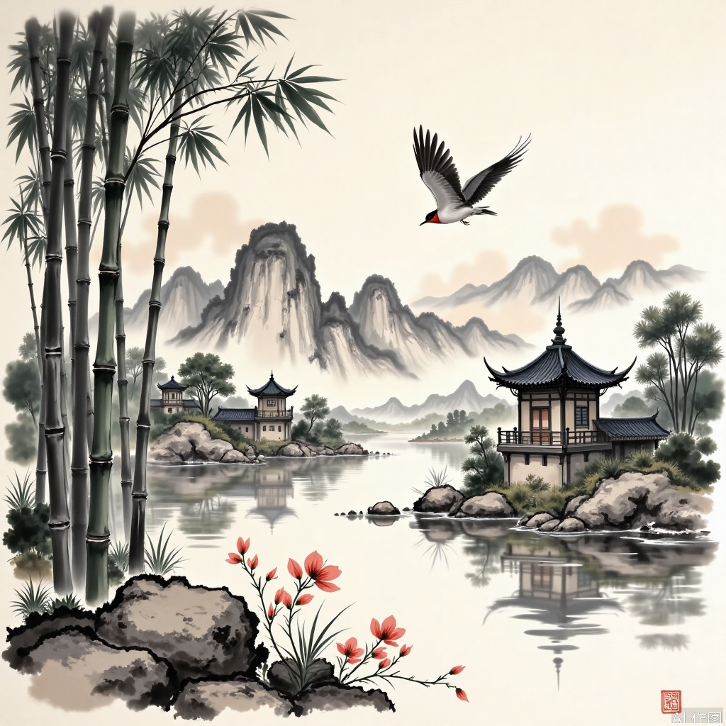 Traditional Chinese ink painting style images,ink and wash,Perfect male robust physics,bird,flowers,
Landscape painting, streams, bamboo forests, pavilions
