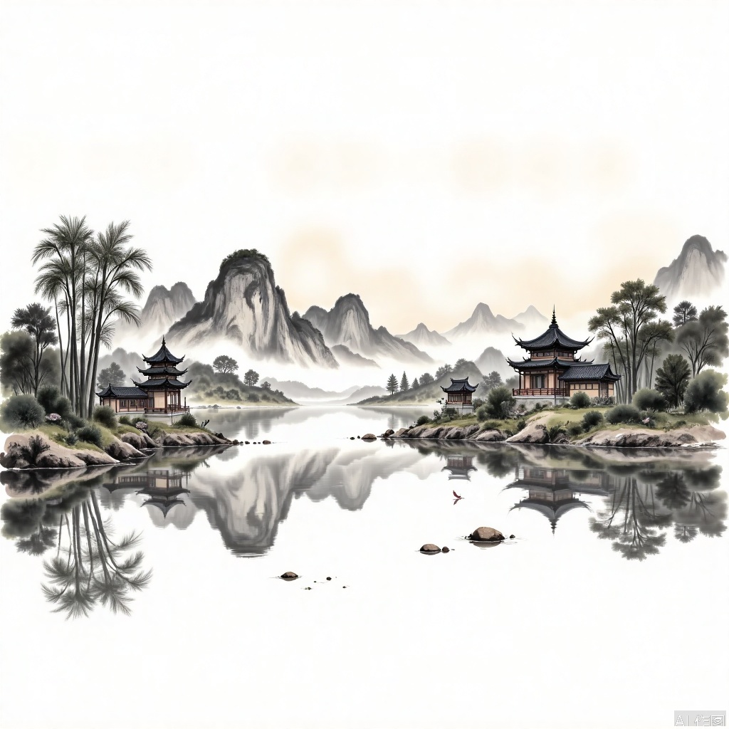 Traditional Chinese ink painting style images,ink and wash,Perfect male robust physics,bird,flowers,
Landscape painting, streams, bamboo forests, pavilions