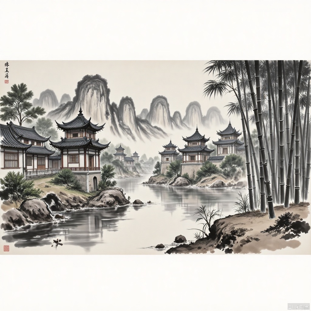 Traditional Chinese ink painting style images,ink and wash,Perfect male robust physics,
Landscape painting, streams, bamboo forests, pavilions