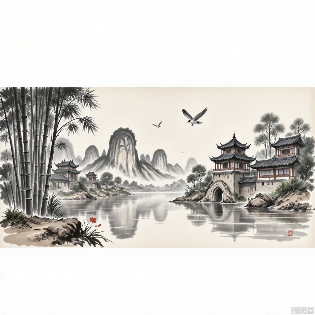 Traditional Chinese ink painting style images,ink and wash,Perfect male robust physics,bird,flowers,
Landscape painting, streams, bamboo forests, pavilions
