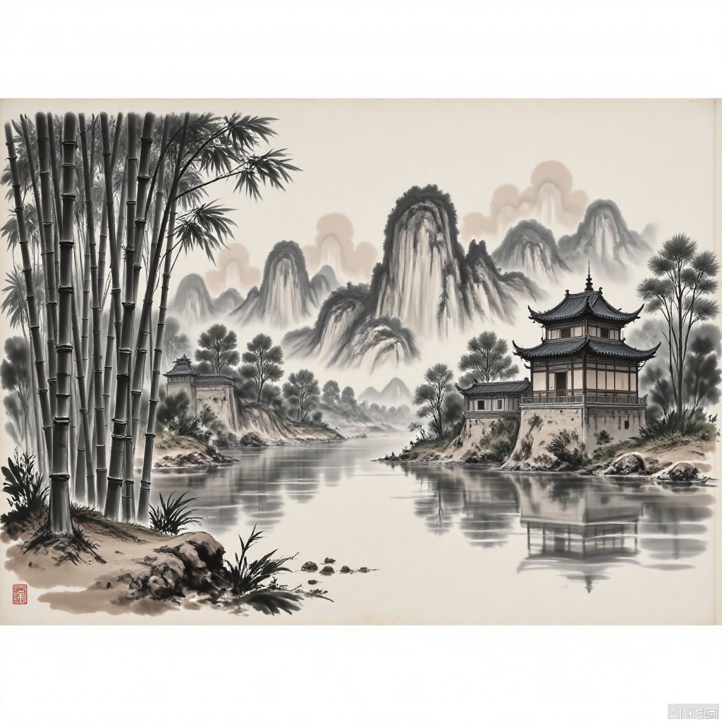 Traditional Chinese ink painting style images,ink and wash,Perfect male robust physics,
Landscape painting, streams, bamboo forests, pavilions