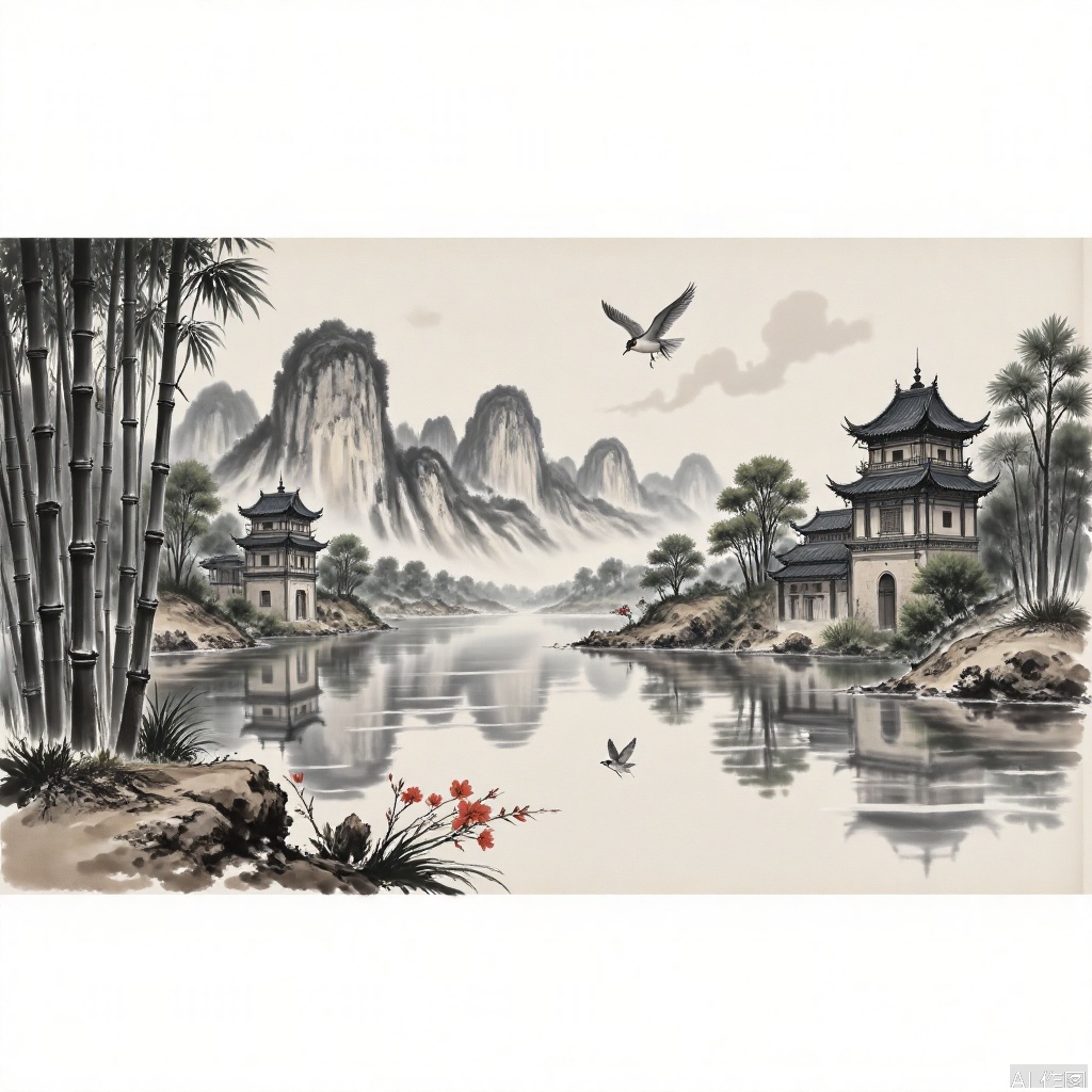 Traditional Chinese ink painting style images,ink and wash,Perfect male robust physics,bird,flowers,
Landscape painting, streams, bamboo forests, pavilions