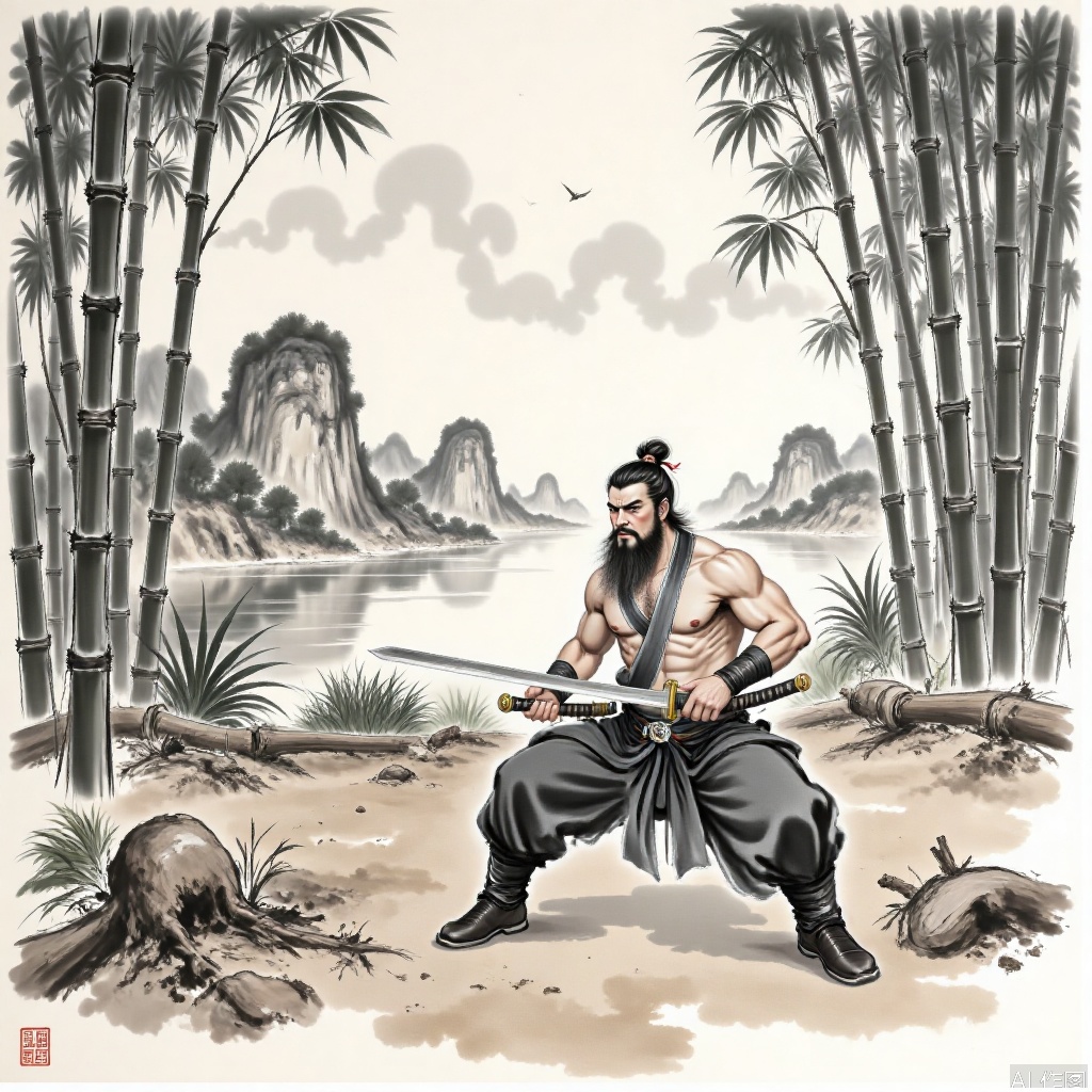 Traditional Chinese ink painting style images,ink and wash,Perfect male robust physique,1man,solo,short hair,male focus,sport,full body,big chest,
,A man sits in a pavilion at the foot of the mountain, practicing sword, and keeps working on the stream and bamboo forest