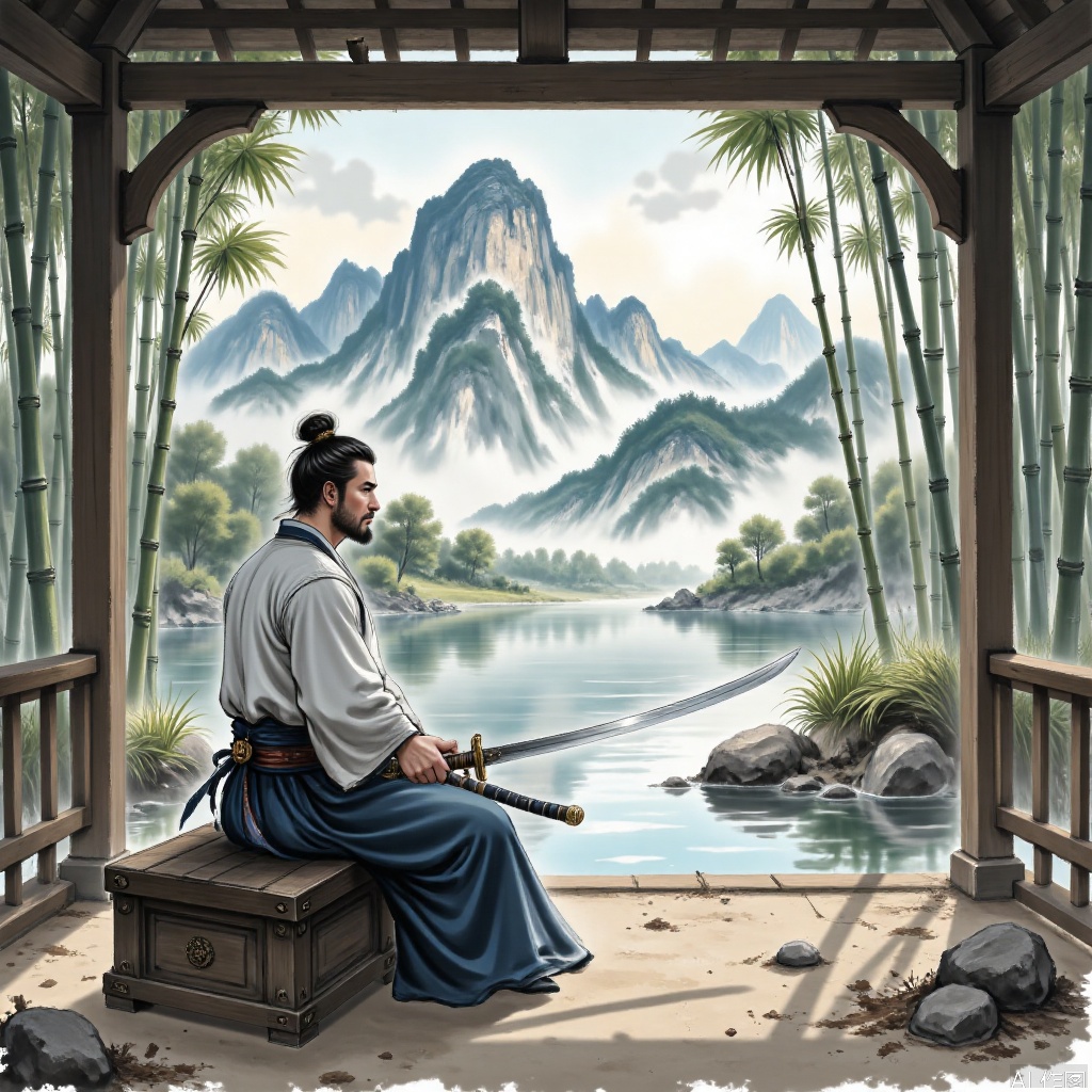 1man,solo,short hair,male focus,sport,full body,big chest,
,A man sits in a pavilion at the foot of the mountain, practicing sword, and keeps working on the stream and bamboo forest