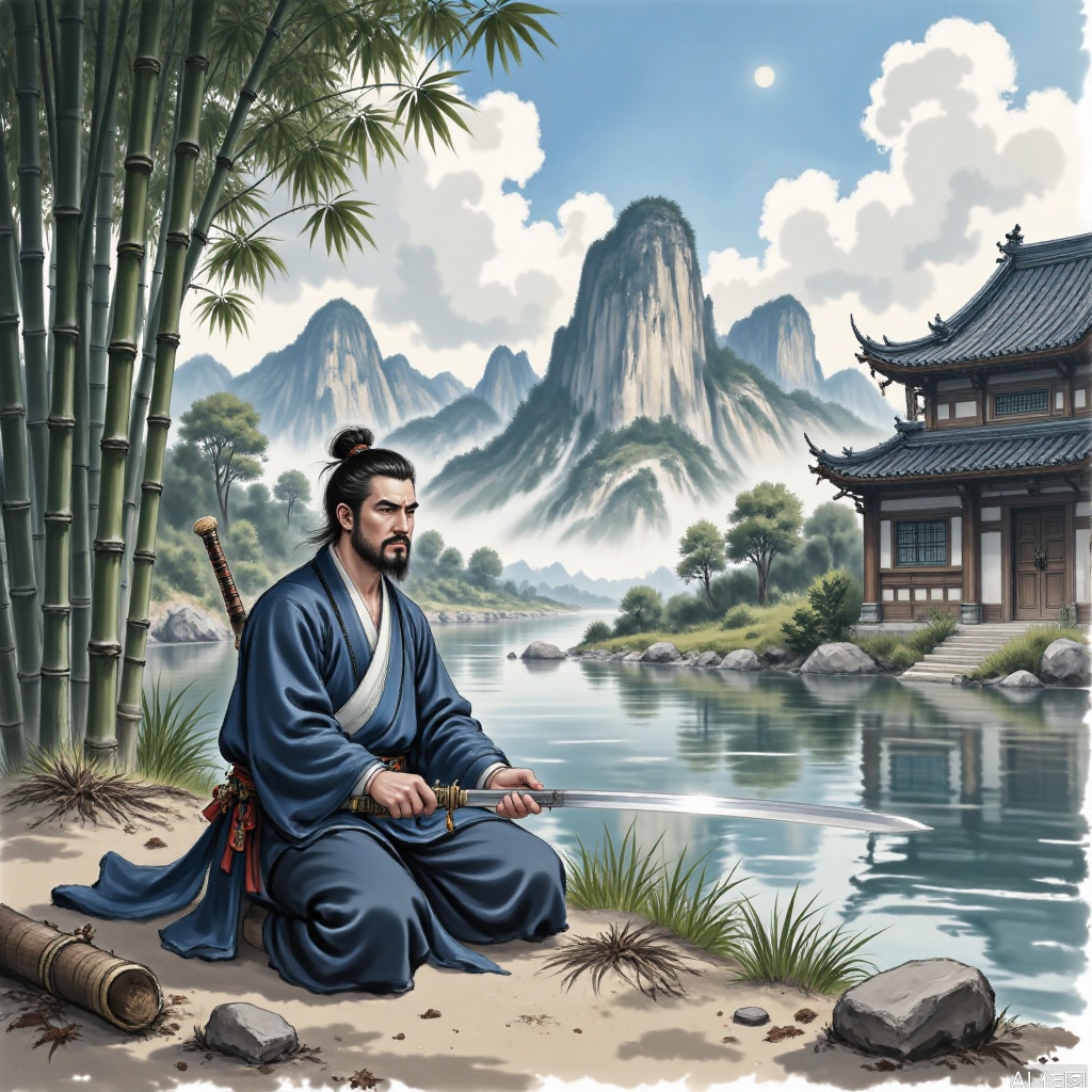 1man,solo,short hair,male focus,sport,full body,big chest,
,A man sits in a pavilion at the foot of the mountain, practicing sword, and keeps working on the stream and bamboo forest