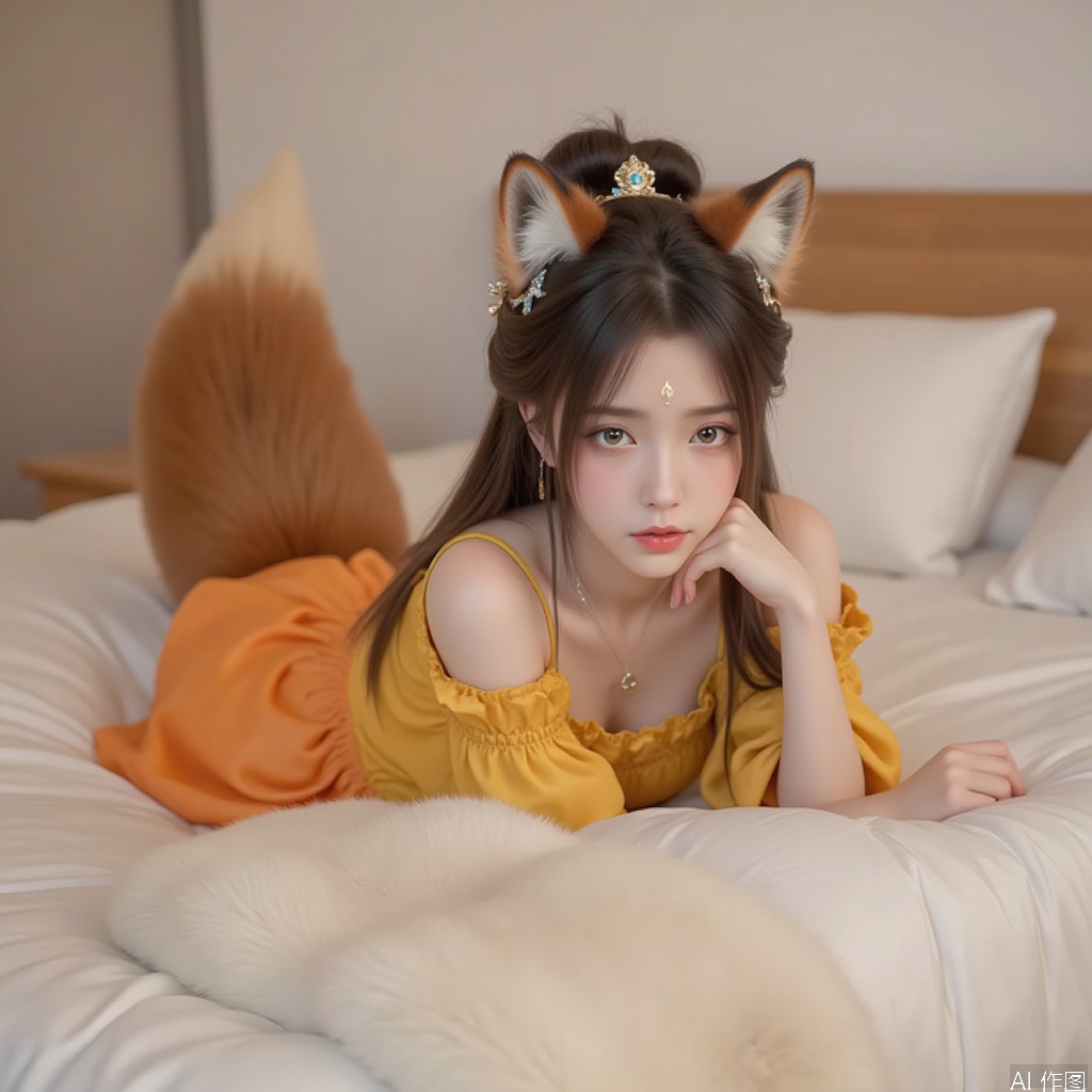 1women, hair accessories, fox tail, yellow dress, orange dress, lying on the bed,,bed,slightly sideways,looking at the camera,indoor,bed,