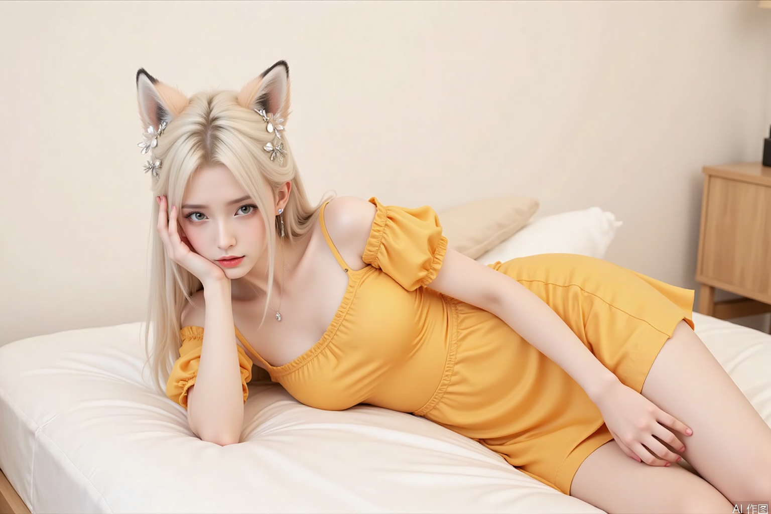 1women, hair accessories, fox tail, yellow dress, orange dress, lying on the bed,,bed,slightly sideways,looking at the camera,indoor,bed,