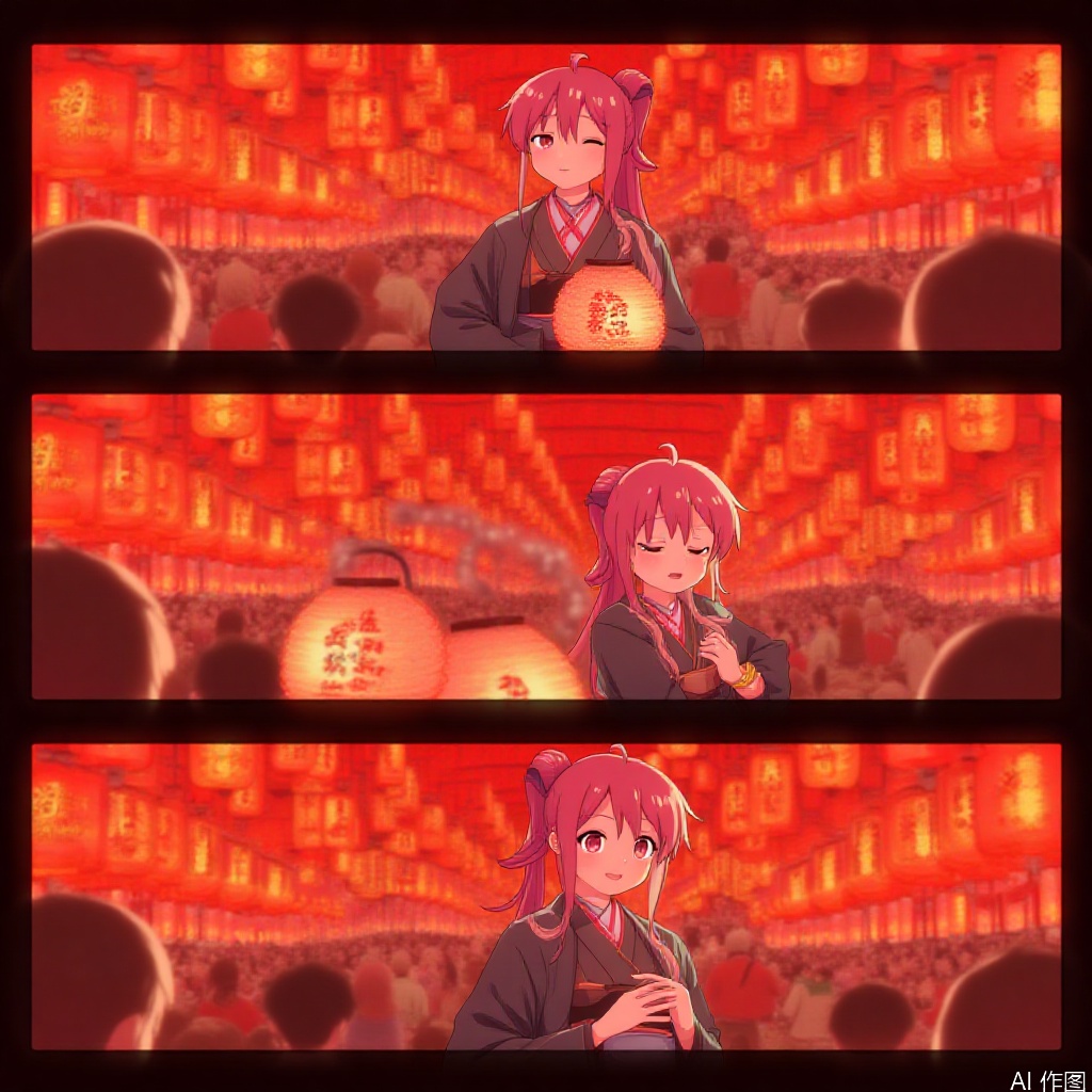 The image is a series of panels depicting a scene of a traditional Japanese festival. The panels show a young woman with red hair, dressed in a black kimono, standing in a crowd of people. She appears to be part of the festivities, possibly as a performer or a participant. The background features numerous red lanterns hanging from the ceiling, creating a warm and festive atmosphere. The lanterns are illuminated, casting a soft glow over the scene. The woman is holding a lantern with intricate designs, which adds to the traditional and cultural feel of the event. The crowd in the background is engaged, with some people appearing to be watching or participating in the festivities. The overall setting suggests a celebration or a traditional event, likely related to a festival or a cultural ceremony.