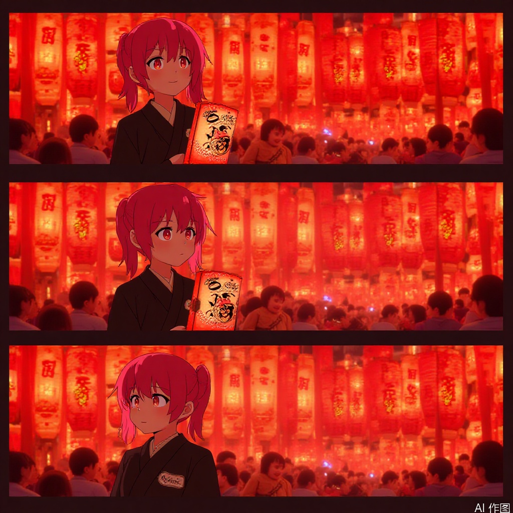 The image is a series of panels depicting a scene of a traditional Japanese festival. The panels show a young woman with red hair, dressed in a black kimono, standing in a crowd of people. She appears to be part of the festivities, possibly as a performer or a participant. The background features numerous red lanterns hanging from the ceiling, creating a warm and festive atmosphere. The lanterns are illuminated, casting a soft glow over the scene. The woman is holding a lantern with intricate designs, which adds to the traditional and cultural feel of the event. The crowd in the background is engaged, with some people appearing to be watching or participating in the festivities. The overall setting suggests a celebration or a traditional event, likely related to a festival or a cultural ceremony.