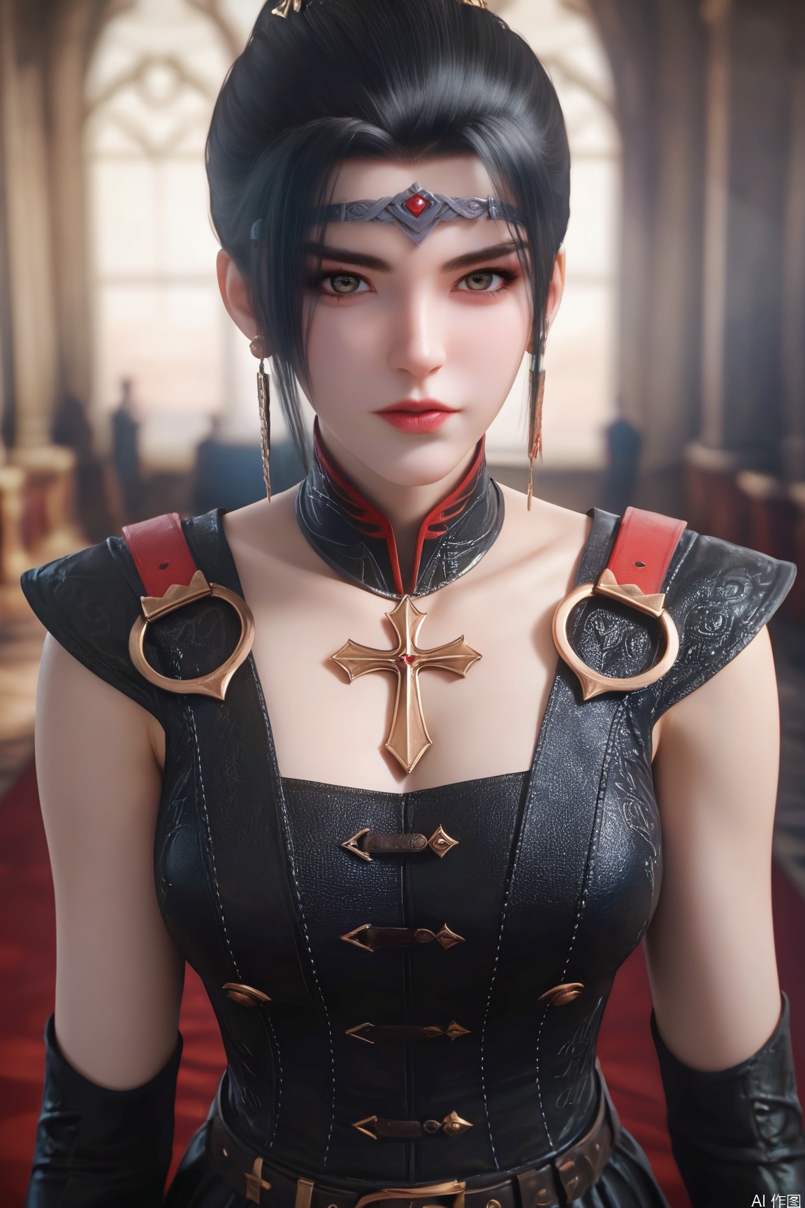 score_9_up,score_8_up,score_7_up,(Masterpiece, Best Quality, High Resolution, 8K Raw),absurdres, highres, Expressiveh,illustration,CG,
1girl, solo, breasts, looking at viewer,black-hair, upper body, lips,dress ,belt,