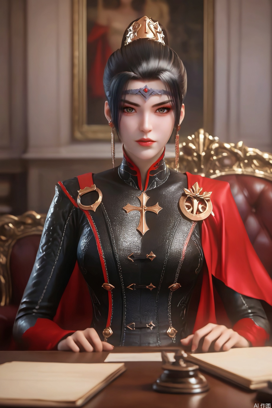 score_9_up,score_8_up,score_7_up,(Masterpiece, Best Quality, High Resolution, 8K Raw),absurdres, highres, Expressiveh,illustration,CG,
1girl, solo, breasts, looking at viewer,black-hair,hair bun,makeup,lips,dress ,long sleeves,red cape