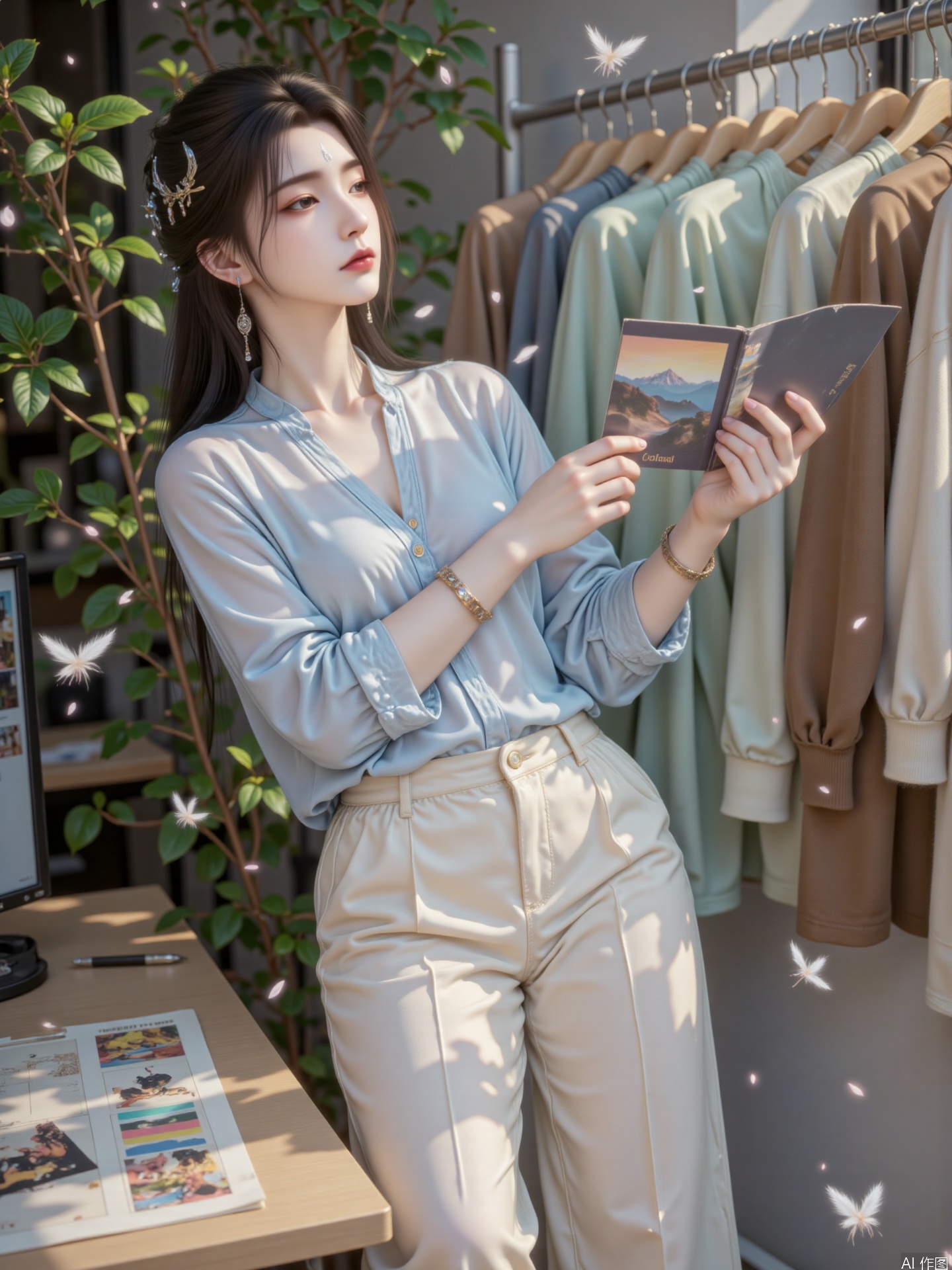 A fashionable editor wearing a light blue silk shirt with creamy white wide-leg pants was leaning over to sort out the fabric in front of the studio's sample clothes display stand. The noon sunshine poured down from the high skylight and weaved a waterfall of light all over her. The makeup emphasizes the three-dimensionality of the bone: the gray-brown contouring powder is swept along the cheekbones to the ears, the eyelids are thinly coated with champagne pearlescent eyeshadow, and the lips are covered with concealer to blur the edges and apply transparent lip gloss after pointing. The black tea-like shoulder-length color makes water ripples appear and seem to be vague. There are tortoiseshell acrylic shark clips on the right side, 14K gold irregular geometric earrings hanging on the left ear, and three-ring tea crystal stone beads and steel bracelet watches are stacked on the wrist.

The shirt adopts an asymmetrical neckline design, with 18cm streamers extending to the right and winding into knots, and the indigo-blade lining is exposed at the folds of the cuffs. The crisp twill fabric of high-waisted pants pinched neatly pleated on the hips, the waist loops were decorated with a double G metal buckle belt, and the slit at the front of the trouser legs were vaguely exposed to the thorn tattoo on the instep. The surface of the caramel-colored suede mules is covered with natural scratches after use, and the brass logo at the heel refracts the heel of the heel from the strong light. The clothing sample in his hand was made of moss-green wool-blend fabric, with five antique copper bead needles on the edges.

The top light incident at 85 degrees vertically forms a dramatic light and shadow structure, and the light filtered by the skylight UV film shimmers on the silk fabric. The diffuse reflection of the mirror stainless steel on the west wall creates annular fill light on the neck, and the pupil iris texture reveals a hazelnut color gradient under strong light. More than twenty sample clothes hanging on the moving hanger in the background form a natural color transition, the fabric from mint green silk to dark brown cashmere swings slightly in the wind of the pendant, and the sewing spools scattered on the ground cast a colorful spider web shadow in the light.

Shot with Sony FE 35mm f/1.8 wide-angle lens, the F4 aperture not only retains the environmental narrative of the background clothing studio, but also allows the green plants by the window to be transformed into color block collage outside the depth of field. The 1/800-second high-speed shutter freezes the feathers falling from the sky (from the goose-velvet cushion being dismantled in the corner), and the industrial-style metal ladder frame on the left side of the picture extends out the guide line to point to the fabric color card in the character's hand. The autumn and winter popular color reports displayed on the computer screen can be seen in the reflection of the work surface. The half-piece of photo paper spitting out of the Polaroid camera on the right window sill is forming a sense of interlacing. The ends of the hair raised by the air conditioner outlet are condensed with sweat bead-shaped spots.