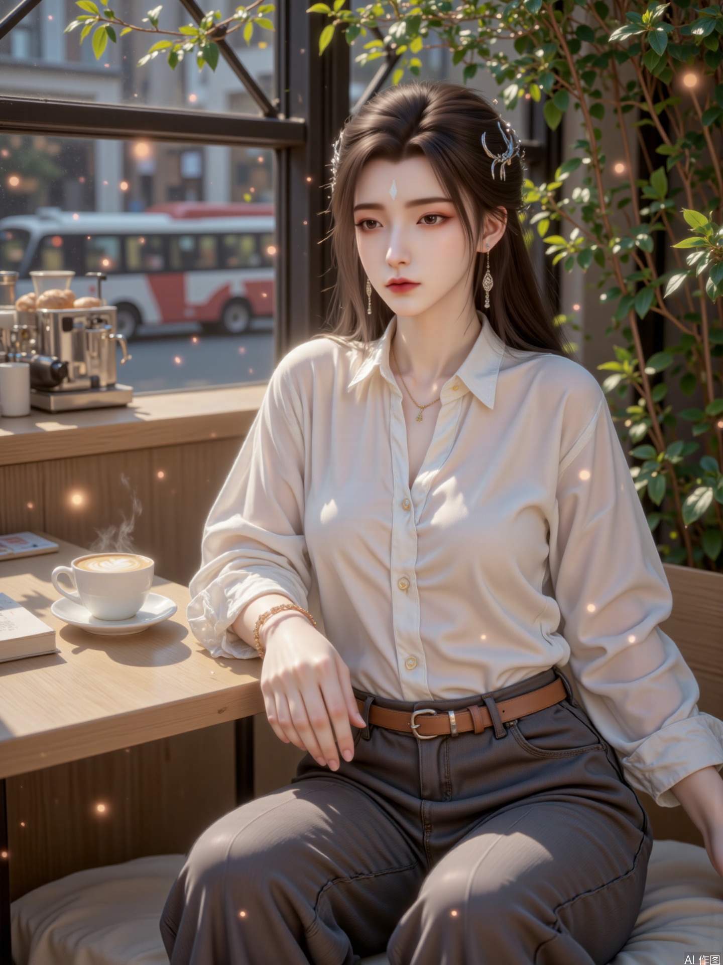 An urban woman in oatmeal linen wide-leg trousers was sitting leaning against the floor-to-ceiling window of a cafe, and the morning light was printed with geometric spots on her body through the diamond-shaped glass. Cinnamon-colored eyeshadow is outlined under natural wild eyebrows, and mascara is applied thinly to preserve the distinct texture of the roots. The matte highlights swept at the bridge of the nose and the peach-colored lipstick that are smudged between the lips create a pseudo-non-face makeup. The slightly curly chestnut brown collarbone hair is tied into a loose low ponytail, the broken hair scattered on the ears is glowing in the sun, a single irregular terracotta earring is worn by the left ear, and a leather strap smartwatch and a golden thin chain bracelet are stacked with a leather strap.

The slim white shirt adopts a modified Cuban collar design, with three mother-of-pearl buttons unbuttoned to the third intercostal gap, revealing the silver snake bone chain and black agate pendant. The dark gray tweed short suit with a short cut of sharp shoulder lines, the front is decorated with amber resin buttons, and the lined dark patterns are a looming map of longitude and lattice. A cowhide belt with an old silver buckle was tied around her waist and the hem of the clothes was put into the high-waisted trousers. The natural folds formed by the hanging legs were stacked with shadows of varying depths on the edge of the seat. The beige loafers on the feet reveal the texture of the cyan purple blood vessels in the instep, and the metal horse buckle reflects cross-star light under the light.

The sunlight at 10 am penetrates the double-layer hollow glass at an angle of 75 degrees, projecting a deformed reflection of the window frame on the teak tabletop. The main light source comes from natural light in the southeast direction. In combination with the indoor 4000K warm downlight, a delicate highlight transition is formed on the shirt collar and the smart dial. The diffuse flare at the cheekbones dyes the skin's velvet texture, the eyelashes cast a spider-like slim shadow on the eyelids, and the linen fabric fibers clearly see the texture of the interweaving of warp and weft in the backlight. On the coffee table with a blurred background, the chrome-plated handles of the espresso machine are reflecting the jumping spots, and the croissant puff pastry layers in the glass dessert cabinet show a translucent texture under the strong light.

This super realistic work is shot with a Canon EOS R5 camera with an 85mm f/1.4 lens. The shutter of the 1/250 second accurately solidifies the hot vortex rising from the mouth of the latte cup. The depth of the picture is constructed through rosemary potted plants with blurred foreground, clear middle scenes of characters and urban street scenes with fading backgrounds. The shadow of the sycamore tree outside the glass curtain wall turns into hazy green color blocks outside the depth of field. In the mirror reflection deliberately retained on the right shoulder of the character, you can see the double-decker bus passing outside the window and the raised corners of the cyclist's clothes. The unread message displayed on the mobile phone screen prompts that the red dots inject narrative suspense into the scene. The exposed waterproof watch scale slightly rolled up on the cuffs remains readable in a strong light environment.
