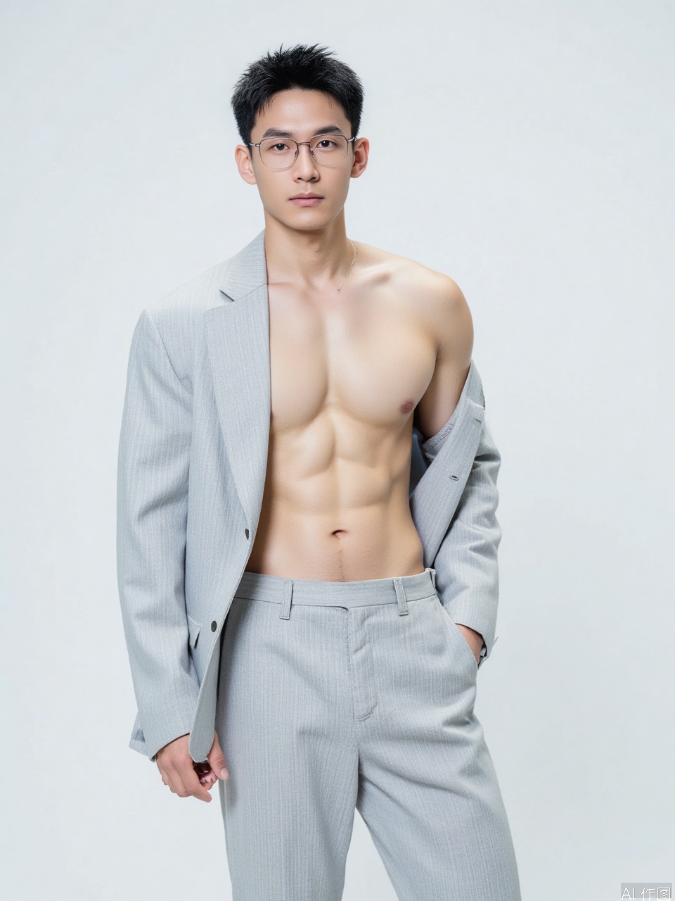 photo, Photo of a handsome Asian man with short black hair and glasses, wearing a light grey suit jacket draped off his shoulders, exposing his muscular chest, and grey pants. He has a serious expression, standing against a plain white background. Medium close-up, high quality, watermark, solo, indoor setting, fashion, casual, confident pose.
Fujicolor GFX100 II 80mm f/4.5,film photo,
background blurred,photography,realistic,film texture,real human skin,Fuji camera,