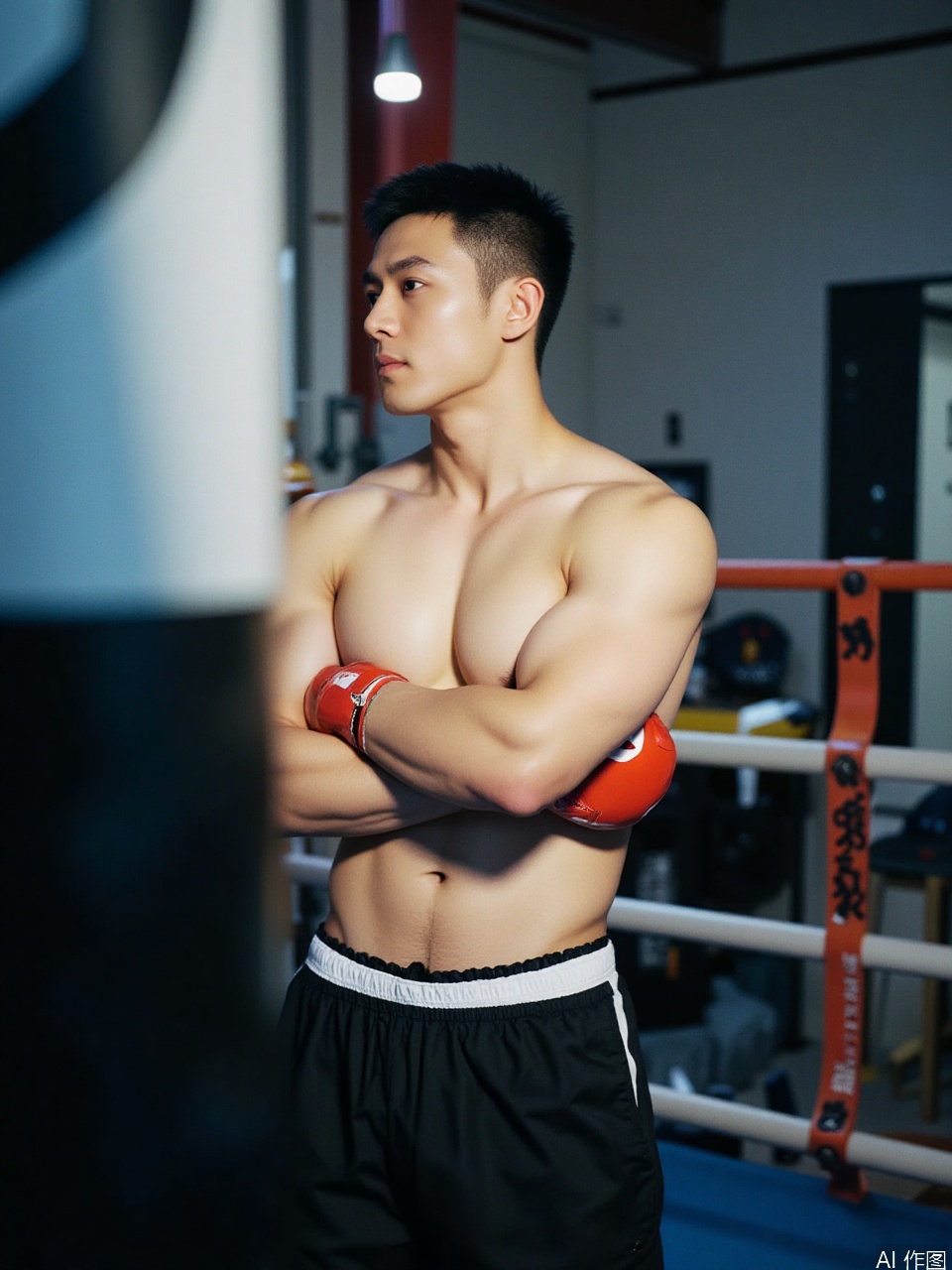 photo, Photo of a muscular Asian man in a boxing ring, shirtless, wearing black sweatpants with a white waistband, and red boxing gloves, standing with his arms crossed, looking off to the side, serious expression, indoor gym setting, soft lighting, blurry background。
Fujicolor GFX100 II 80mm f/4.5,film photo,
background blurred,photography,realistic,film texture,real human skin,Fuji camera,