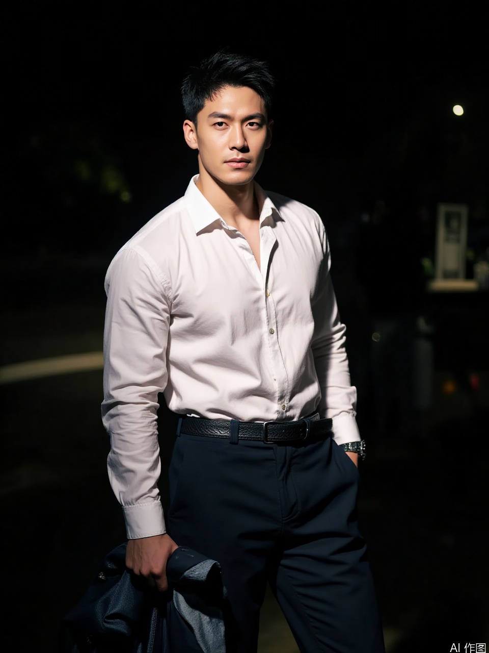 photo, photo of a man in a white shirt, dark pants, and a black belt, holding a dark blue jacket in his left hand, standing in a dimly lit room with a dark background, serious expression, dark hair, muscular build, medium shot, high quality.
Fujicolor GFX100 II 80mm f/4.5,film photo,
background blurred,photography,realistic,film texture,real human skin,Fuji camera,
