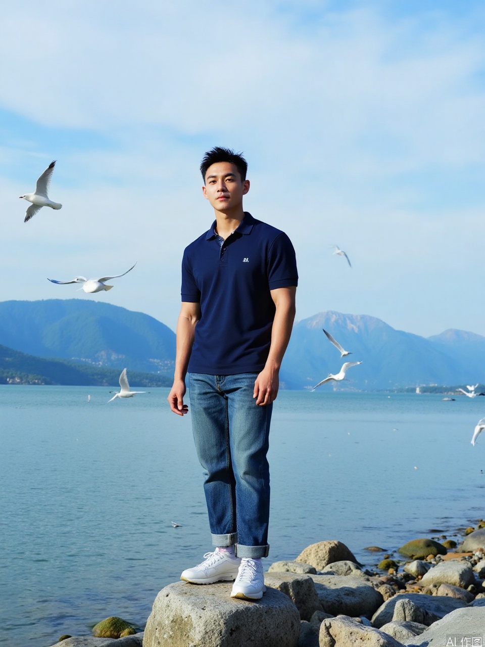 photo, Young Asian dude with short, dark hair, chilling on a rocky shore by a chill lake. He's rocking a navy blue polo, blue jeans, and white sneakers. Behind him, there's a peaceful lake with seagulls flying around, and distant mountains under a clear blue sky.
Fujicolor GFX100 II 80mm f/4.5,film photo,
background blurred,photography,realistic,film texture,real human skin,Fuji camera,