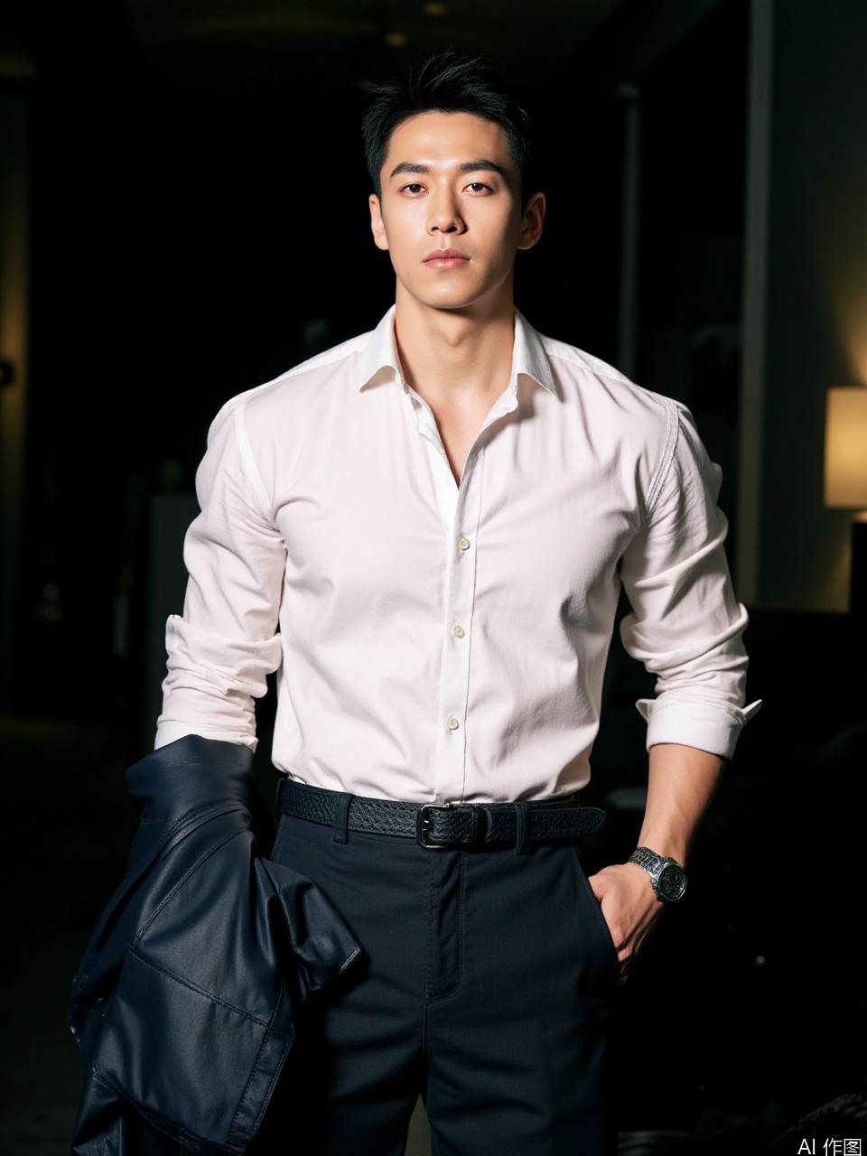 photo, photo of a man in a white shirt, dark pants, and a black belt, holding a dark blue jacket in his left hand, standing in a dimly lit room with a dark background, serious expression, dark hair, muscular build, medium shot, high quality.
Fujicolor GFX100 II 80mm f/4.5,film photo,
background blurred,photography,realistic,film texture,real human skin,Fuji camera,