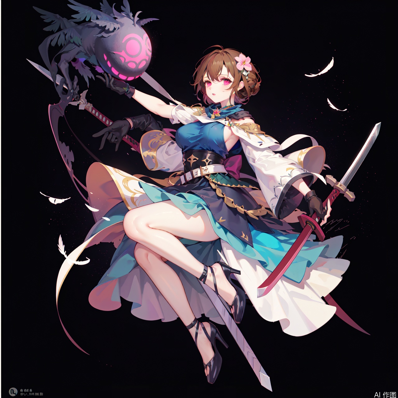1girl, solo, breasts, looking at viewer, short hair, bangs, large breasts, brown hair, hair ornament, gloves, dress, holding, red eyes, full body, weapon, flower, parted lips, monster, sword, hair flower, pink eyes, holding weapon, high heels, sideboob, holding sword, feathers, flying, character:Morgana, pillar