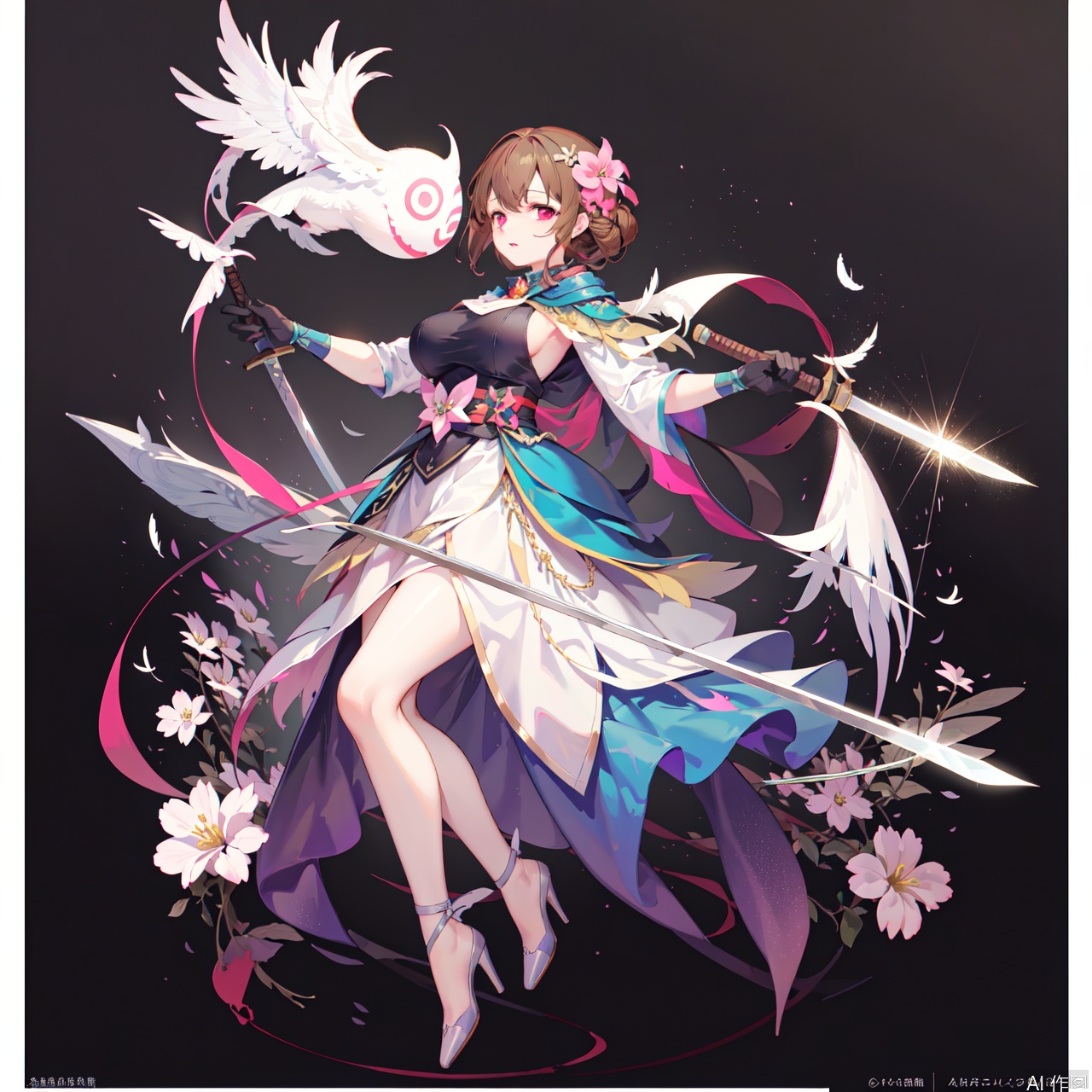 1girl, solo, breasts, looking at viewer, short hair, bangs, large breasts, brown hair, hair ornament, gloves, dress, holding, red eyes, full body, weapon, flower, parted lips, monster, sword, hair flower, pink eyes, holding weapon, high heels, sideboob, holding sword, feathers, flying, character:Morgana, pillar