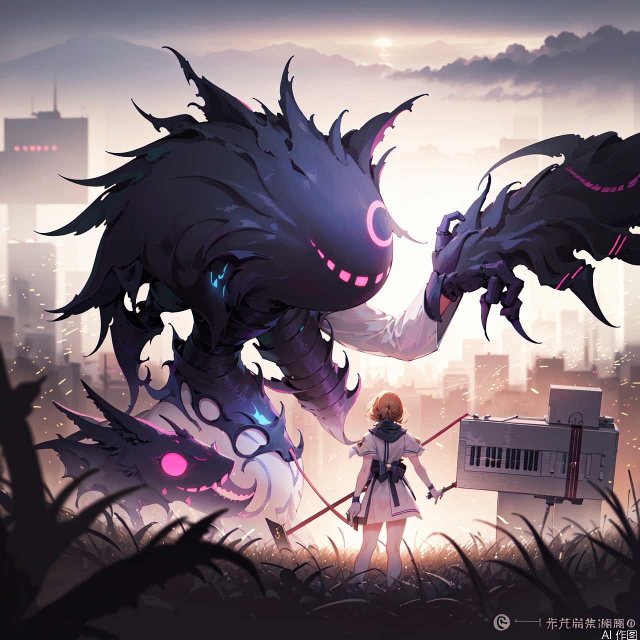 The image depicts a character in a white outfit standing in a field of tall grass. The character is holding a large, futuristic musical instrument that appears to be a combination of a keyboard and a synthesizer. The instrument is adorned with various mechanical components and has a horn-like structure extending from it. The character has a confident expression and is looking forward. In the background, there is a dramatic sky with clouds and a hint of a cityscape in the distance, suggesting an urban setting. The overall scene has a fantasy or science fiction theme, with vibrant colors and dynamic lighting.character:Nolva