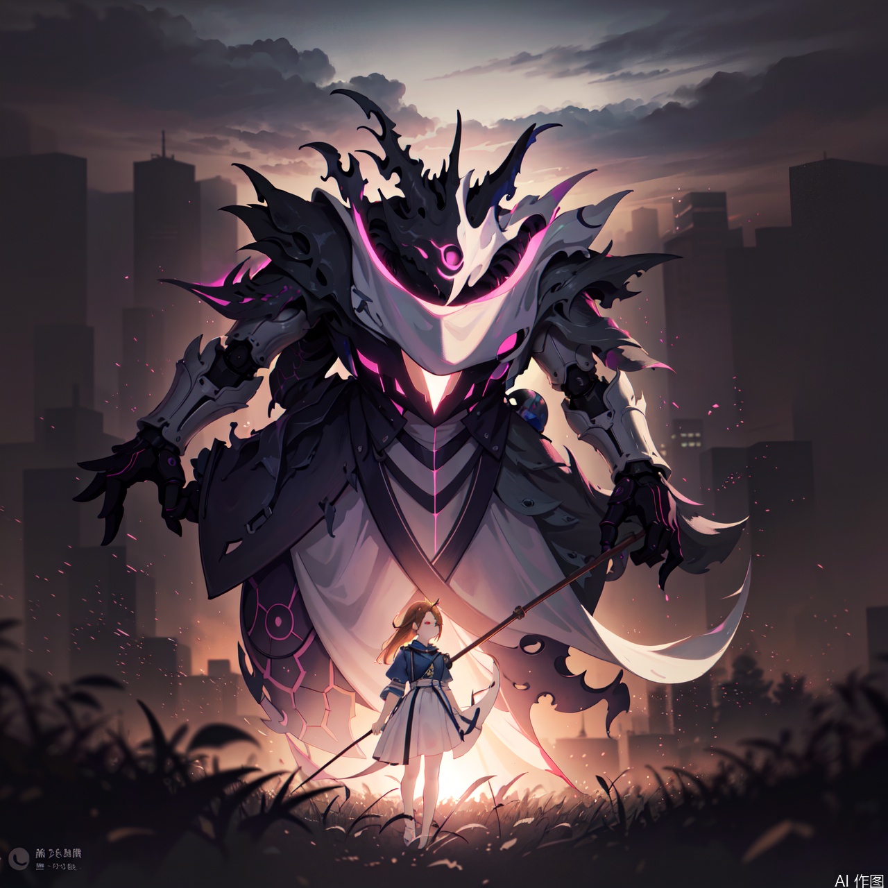 The image depicts a character in a white outfit standing in a field of tall grass. The character is holding a large, futuristic musical instrument that appears to be a combination of a keyboard and a synthesizer. The instrument is adorned with various mechanical components and has a horn-like structure extending from it. The character has a confident expression and is looking forward. In the background, there is a dramatic sky with clouds and a hint of a cityscape in the distance, suggesting an urban setting. The overall scene has a fantasy or science fiction theme, with vibrant colors and dynamic lighting.character:Nolva