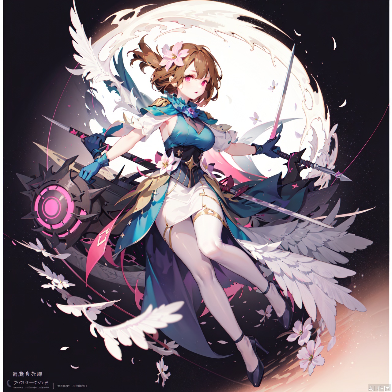 1girl, solo, breasts, looking at viewer, short hair, bangs, large breasts, brown hair, hair ornament, gloves, dress, holding, red eyes, full body, weapon, flower, parted lips, monster, sword, hair flower, pink eyes, holding weapon, high heels, sideboob, holding sword, feathers, flying, character:Nolva, pillar