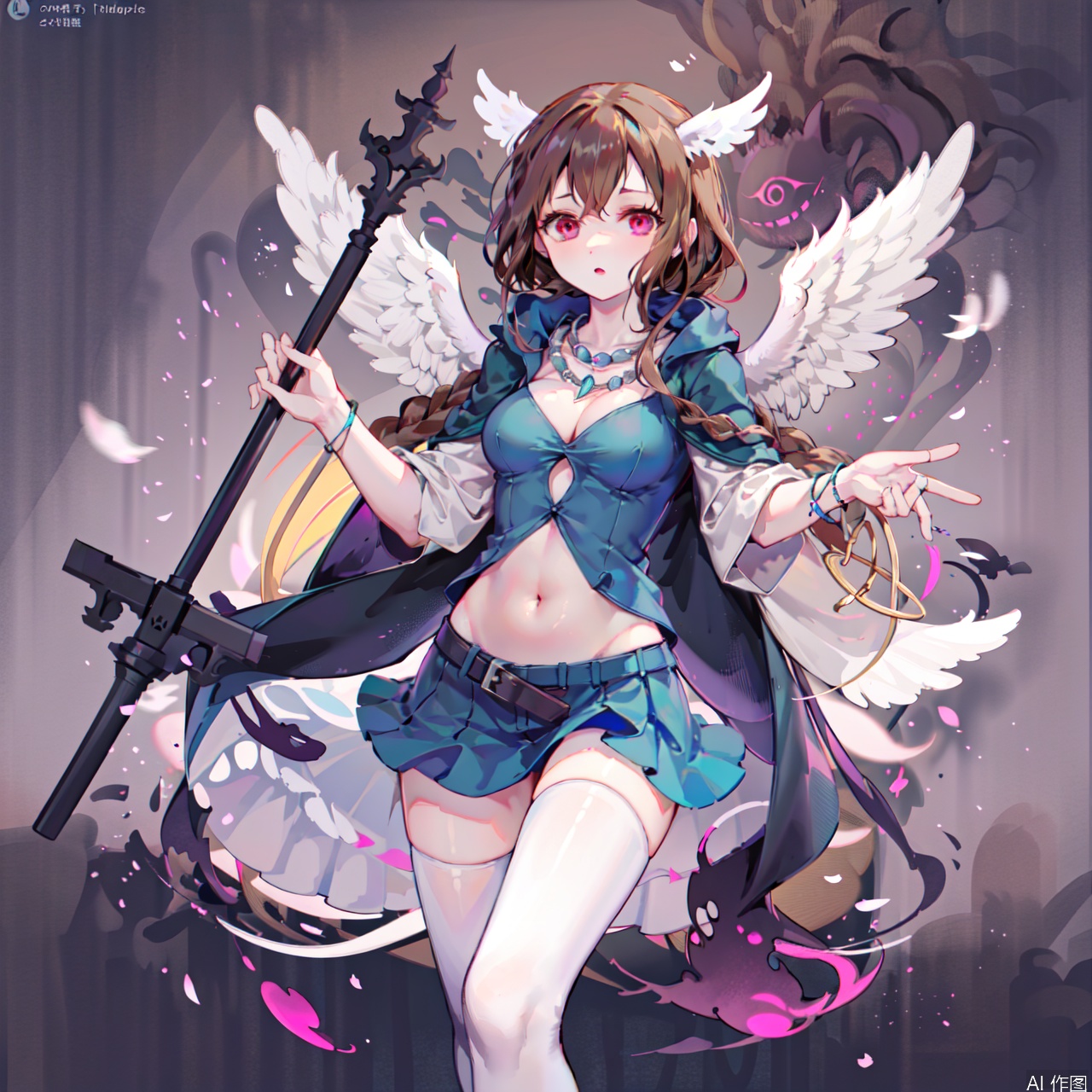 1girl, solo, long hair, breasts, thighhighs, navel, jewelry, medium breasts, necklace, staff, wings,genderswap, convenient censoring, genderswap \(mtf\), scroll,character:Morgana