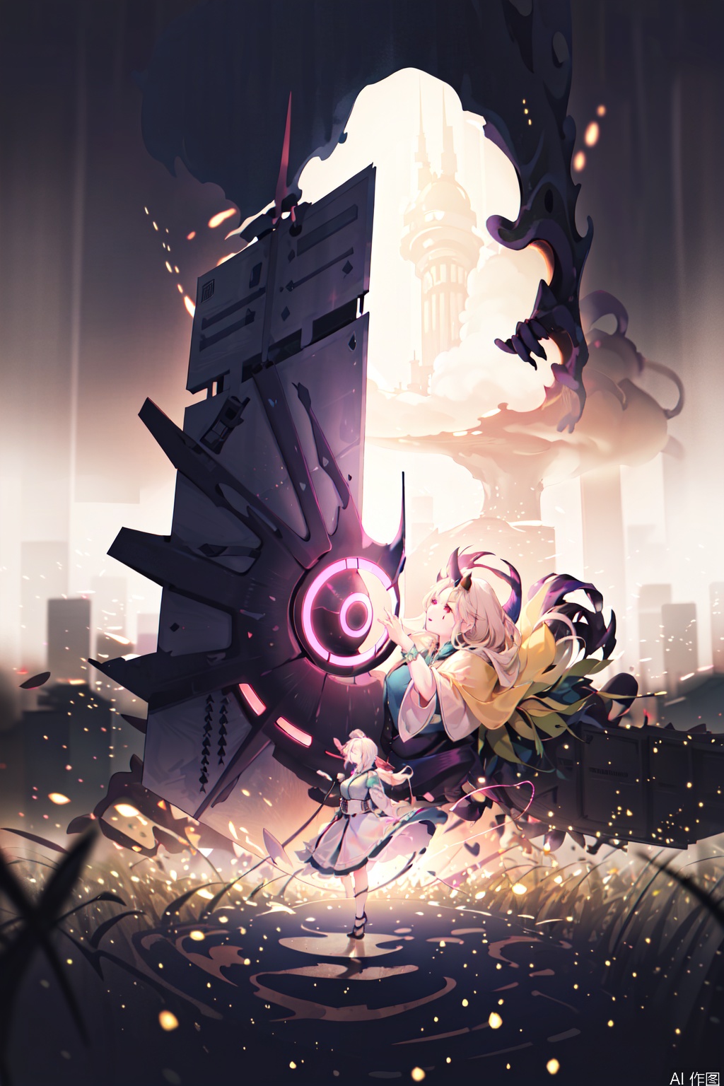 The image depicts a character in a white outfit standing in a field of tall grass. The character is holding a large, futuristic musical instrument that appears to be a combination of a keyboard and a synthesizer. The instrument is adorned with various mechanical components and has a horn-like structure extending from it. The character has a confident expression and is looking forward. In the background, there is a dramatic sky with clouds and a hint of a cityscape in the distance, suggesting an urban setting. The overall scene has a fantasy or science fiction theme, with vibrant colors and dynamic lighting.character:Nolva