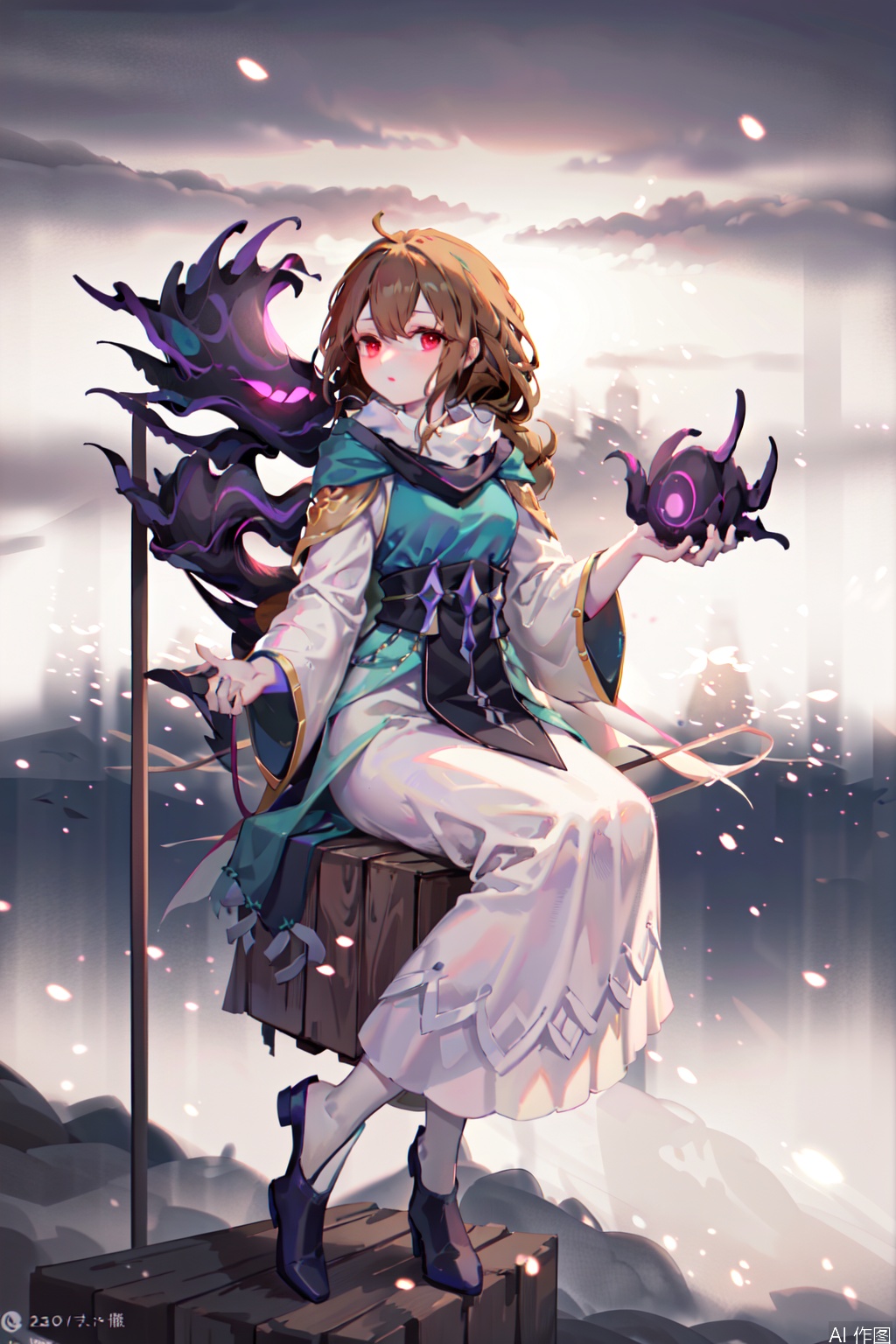 The image depicts a serene and mystical scene with a character sitting on a wooden platform amidst a snowy landscape. The character is dressed in flowing, intricate clothing with a mix of white and purple hues, and has long, brown hair that is gently blowing in the wind. They are holding a staff adorned with a glowing, fiery tip, suggesting a magical or mystical theme. The background features a clear blue sky with some clouds and a distant mountain range, adding to the tranquil and ethereal atmosphere. The overall composition is balanced, with the character positioned slightly off-center, drawing the viewer's attention to the glowing staff and the peaceful surroundings.red eyes,character:Nolva