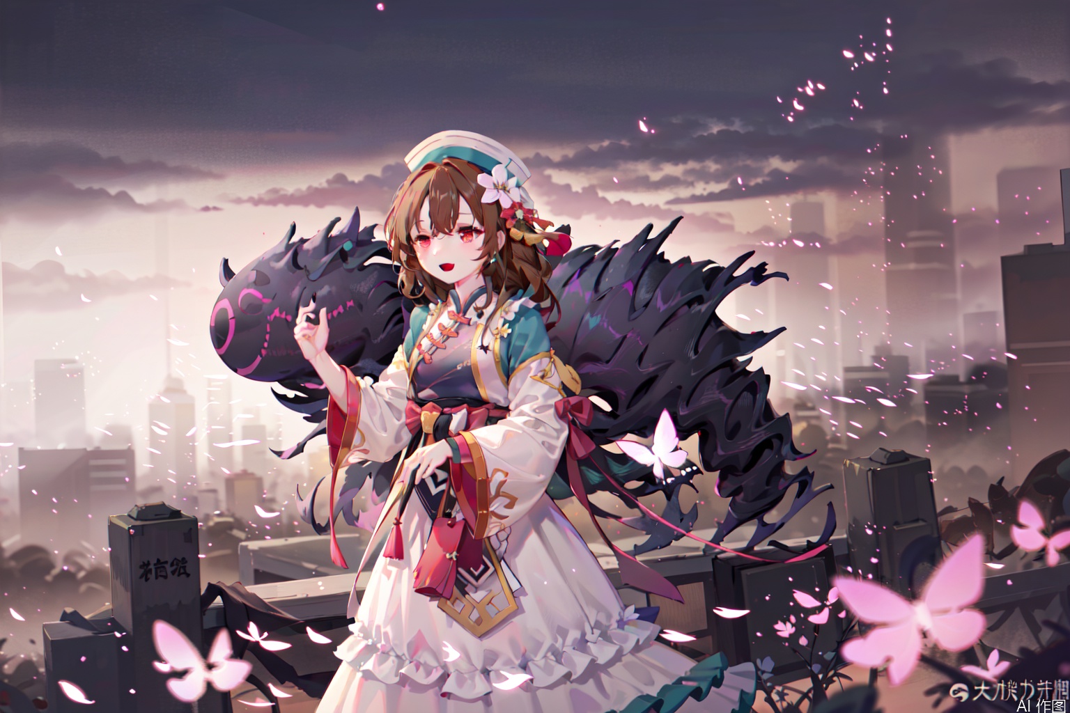 1girl, red eyes,solo, long hair, smile, open mouth, brown hair, hair ornament, long sleeves, dress, holding, jewelry, flower, outdoors, sky, hair flower, chinese clothes, hat, butterfly, forehead mark,character:Nolva