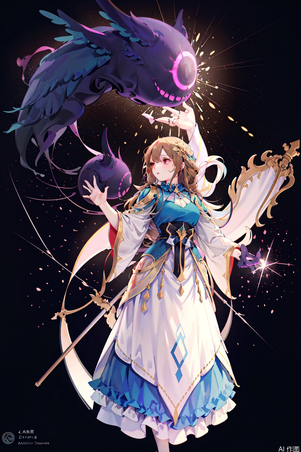 1girl, solo, long hair, red eyes,mythic character,Glowing Dreamlike Style.in the style of digital art. This image showcases an ethereal,fantastical figure set against a deep,starry night sky. The central subject is adorned with an elaborate,opulent costume that blends celestial elements with ornate,flowing fabric. The figure's silhouette is shrouded in darkness,making its form indistinct,yet its outfit gleams with intricate designs. The ensemble features a high collar,adorned with gold and gem-like embellishments,cascading into a flowing,ruffled train that appears almost like an extension of the night sky,with hues of white,blue,and purple. Star-like sparkles are scattered throughout,enhancing the celestial theme. The figure's right hand holds a golden staff topped with a radiant star,symbolizing power or guidance. The background is a mesmerizing,gradient blend of black and deep blue,punctuated by stars and galaxies,giving a sense of vastness and mystery. The artwork combines elements of fantasy and cosmic themes,executed in a vibrant,almost luminescent style,with rich textures and delicate details that highlight the mystical and enchanting essence of the character.character:Nolva