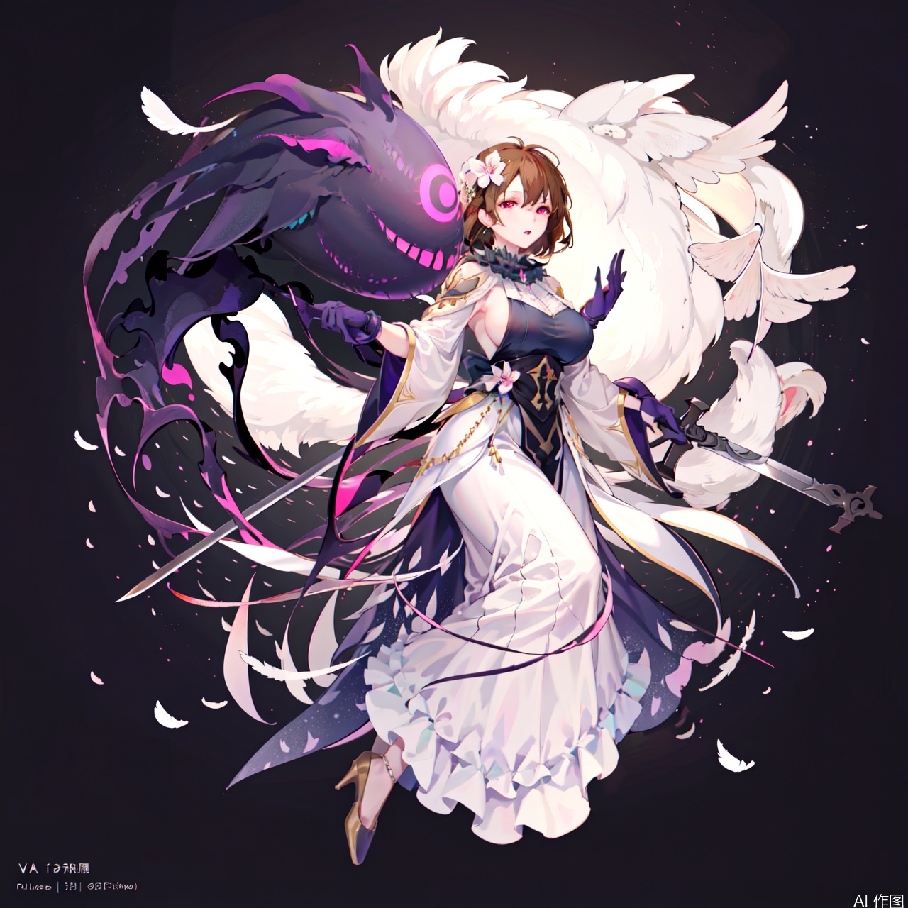 1girl, solo, breasts, looking at viewer, short hair, bangs, large breasts, brown hair, hair ornament, gloves, dress, holding, red eyes, full body, weapon, flower, parted lips, monster, sword, hair flower, pink eyes, holding weapon, high heels, sideboob, holding sword, feathers, flying, character:Nolva, pillar