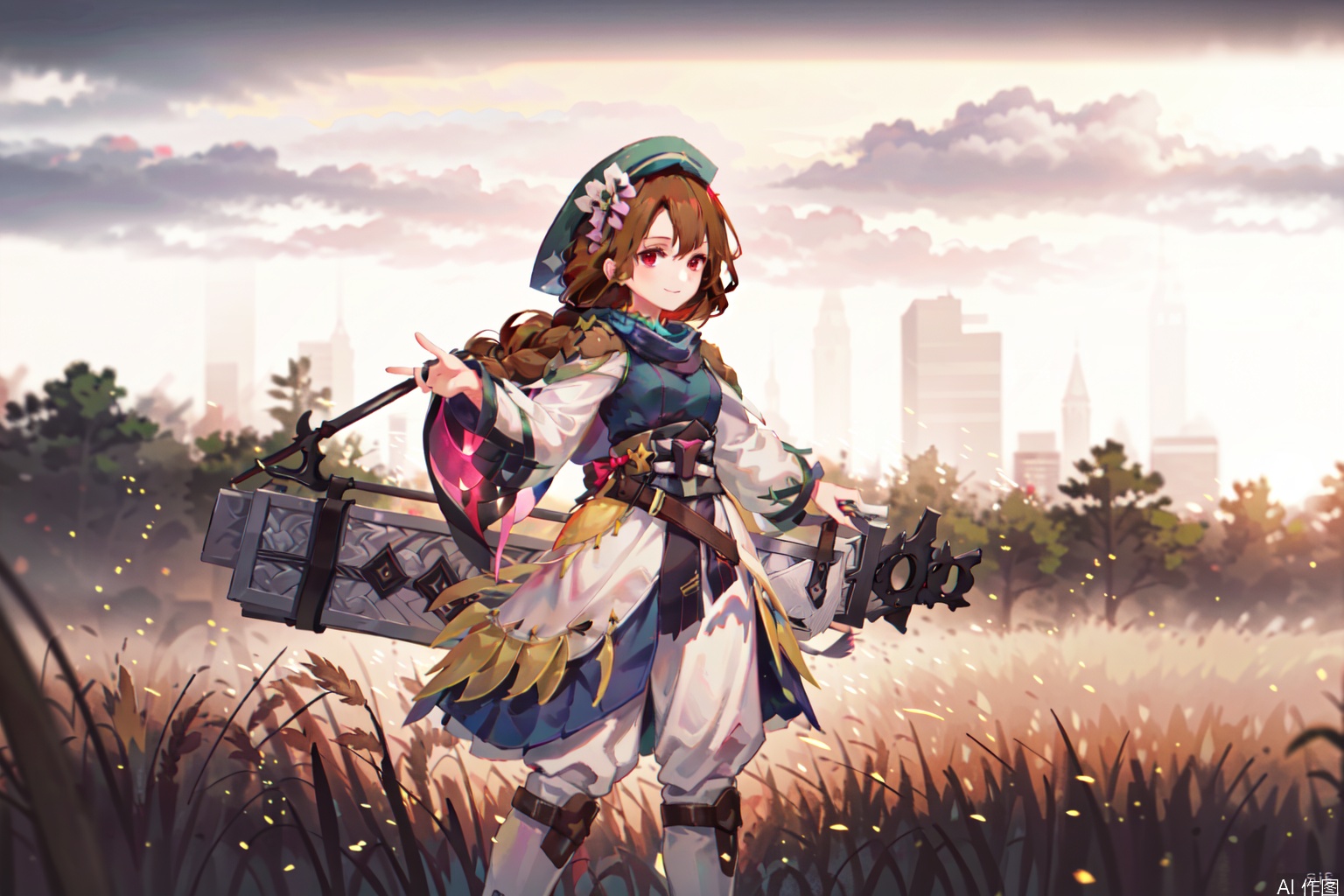 1girl, solo, long hair, smile, brown hair, hat, holding, red eyes, standing, weapon, boots, outdoors, sky, day, pants, sword, grass, sheath, sheathed, mountain, white pants, straw hat, wheat,character:Nolva