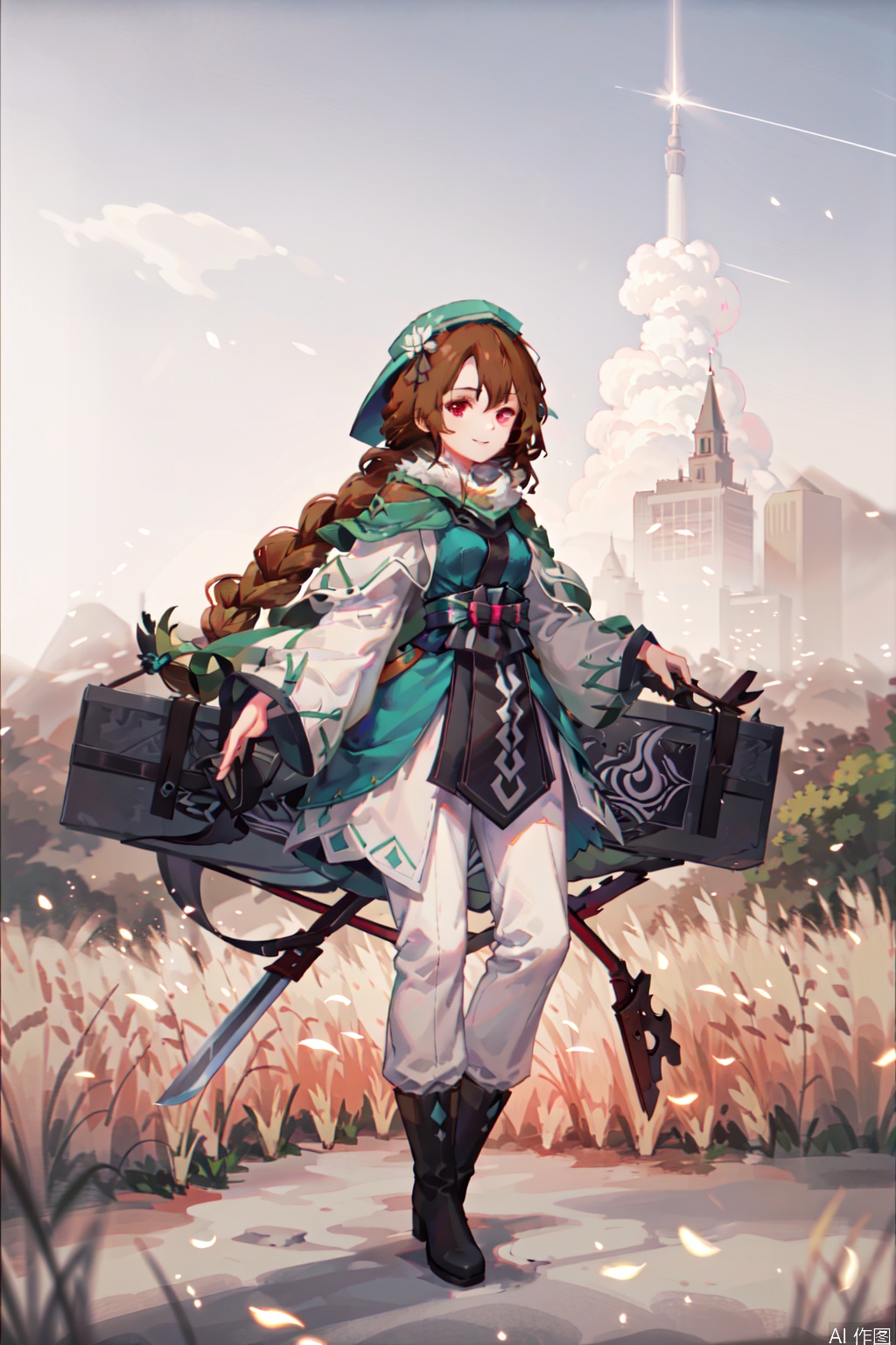 1girl, solo, long hair, smile, brown hair, hat, holding, red eyes, standing, weapon, boots, outdoors, sky, day, pants, sword, grass, sheath, sheathed, mountain, white pants, straw hat, wheat,character:Nolva