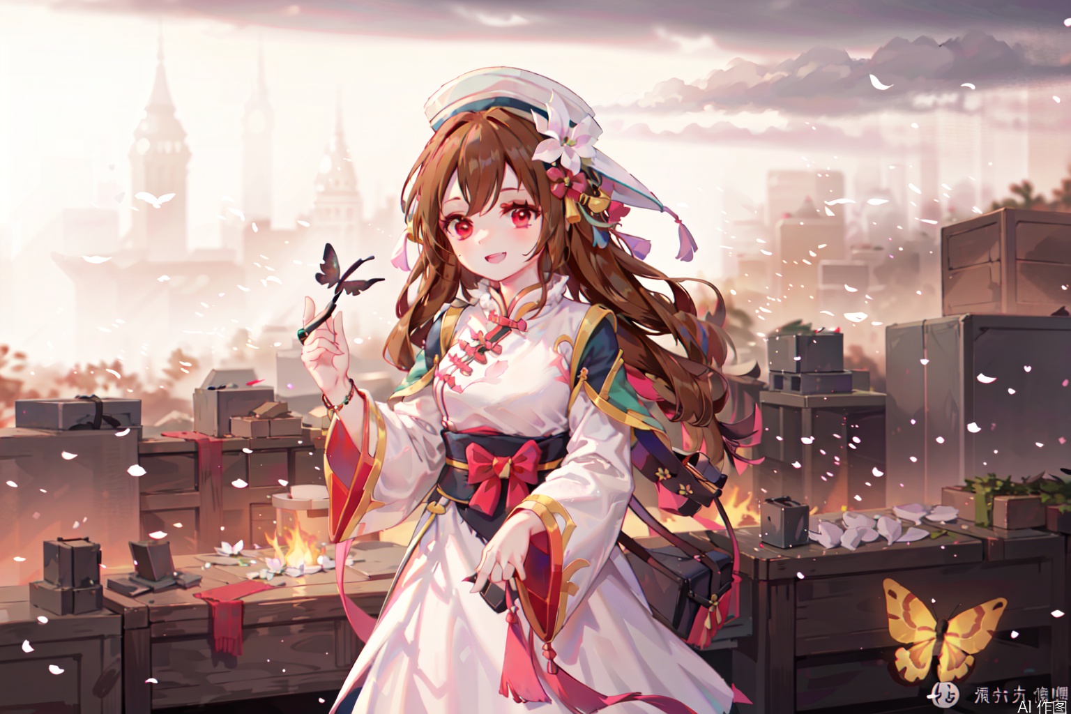 1girl, red eyes,solo, long hair, smile, open mouth, brown hair, hair ornament, long sleeves, dress, holding, jewelry, flower, outdoors, sky, hair flower, chinese clothes, hat, butterfly, forehead mark,character:Nolva