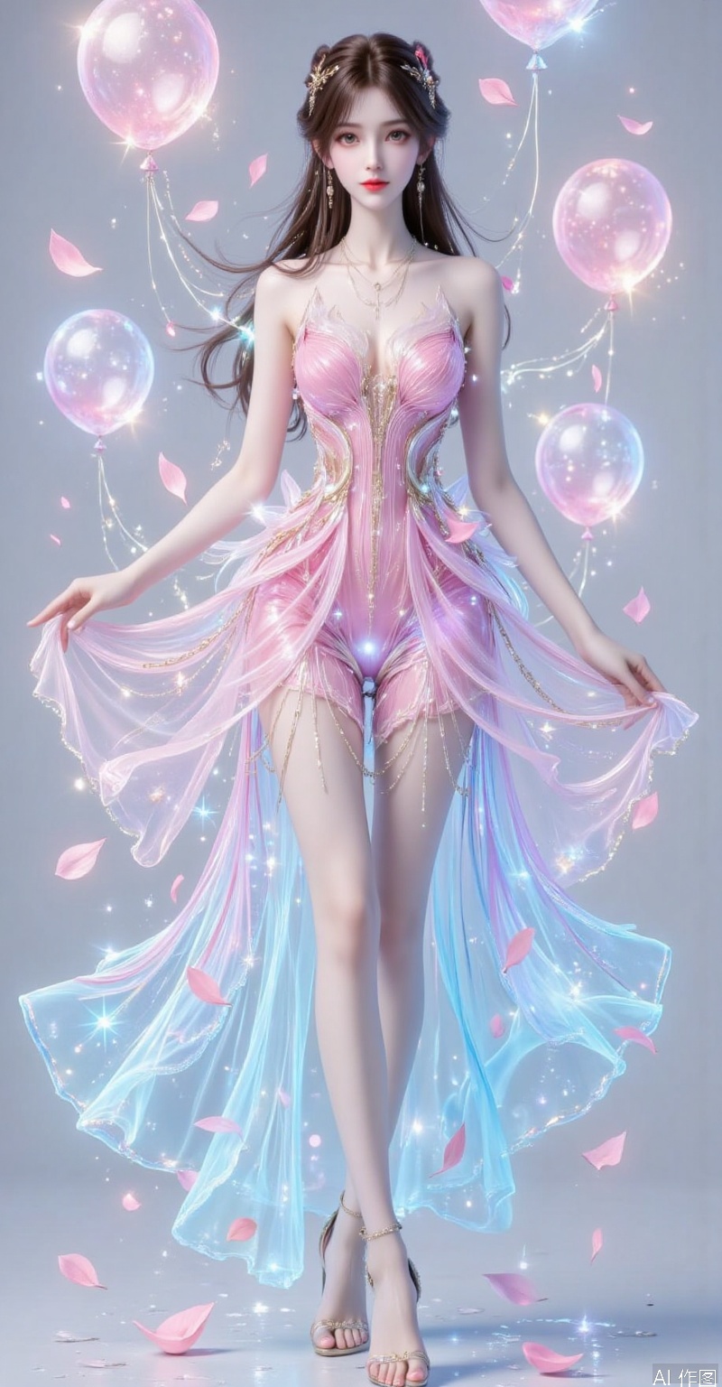 An artistic picture that combines double exposure effects and 3D rendering technology shows an elegant beauty. Her figure is intertwined with dreamy balloons and pink petals, with rich and blurred layers. In the picture, the sparkling water surface reflects the reflection of the balloon, which is clear and transparent, adding a sense of tranquility and dreaminess. The balloon is light and transparent, colorful, floating in the picture, creating a romantic and beautiful atmosphere with the pink petals that flutter in the wind. The slender long legs look particularly sexy and elegant under three-dimensional realistic rendering. The beauty's smile is sweet and confident, and the whole picture is full of technology, art and romantic atmosphere, making people feel like they are in a world where the future and dreams are intertwined.