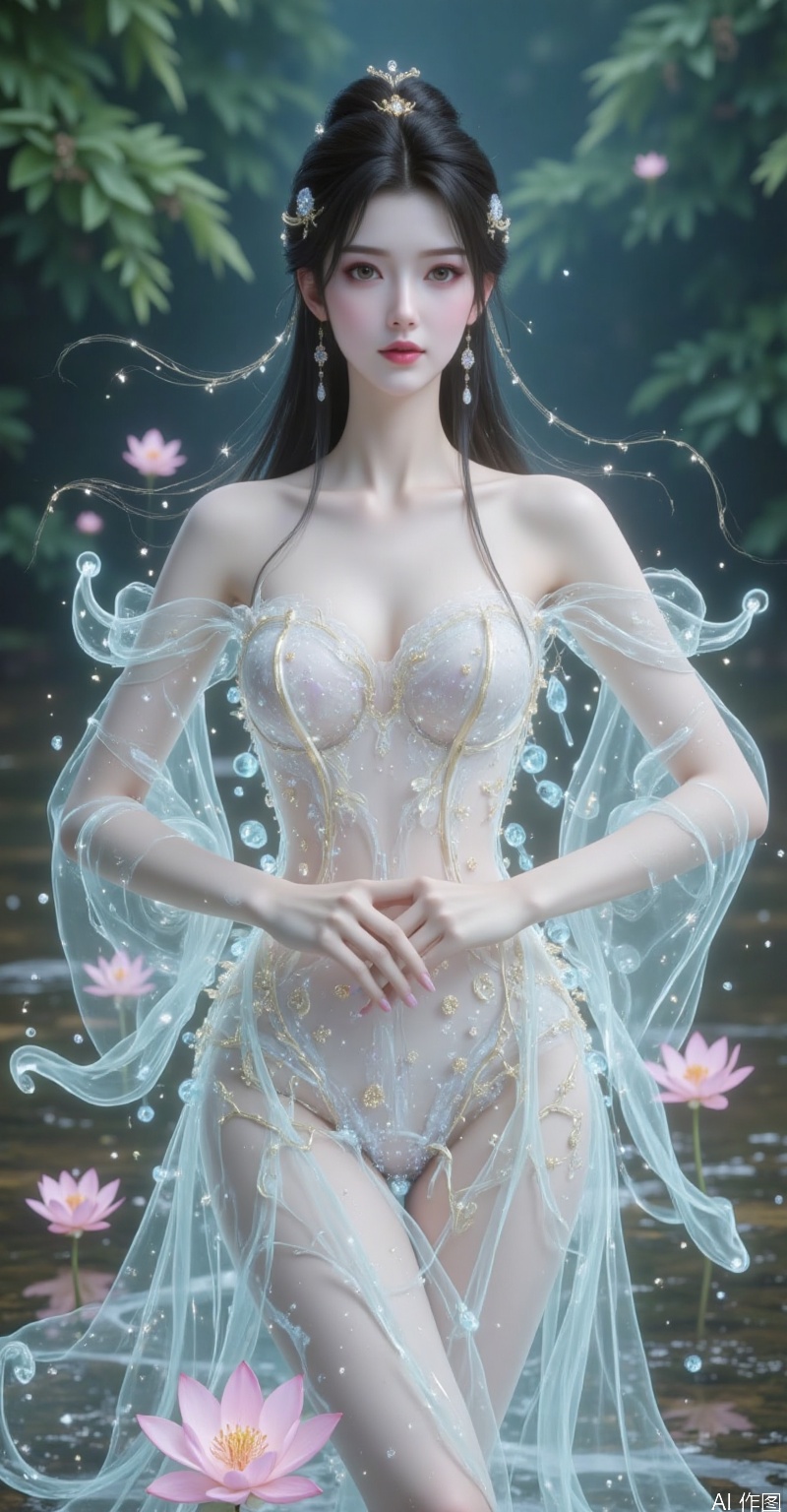 A divine celestial maiden standing gracefully in muddy swampland, ultra-detailed Eastern-style attire with moon-white silk robes adorned by intricate golden cloud patterns, flowing sleeves resembling dancing wings, pale purple sash accentuating slender waist, sacred aura glowing through swamp mist, ultra-realistic facial features with porcelain skin and starry compassionate eyes, hair styled in elegant updo with sparkling jade hairpin, loose strands framing delicate face, blooming lotus flowers with dewdrops emerging from mud, soft light beams illuminating her holy figure, cinematic fantasy atmosphere blending spiritual purity with decaying environment, Chinese mythology aesthetic, hyper-detailed textures, soft volumetric lighting, 8k resolution.