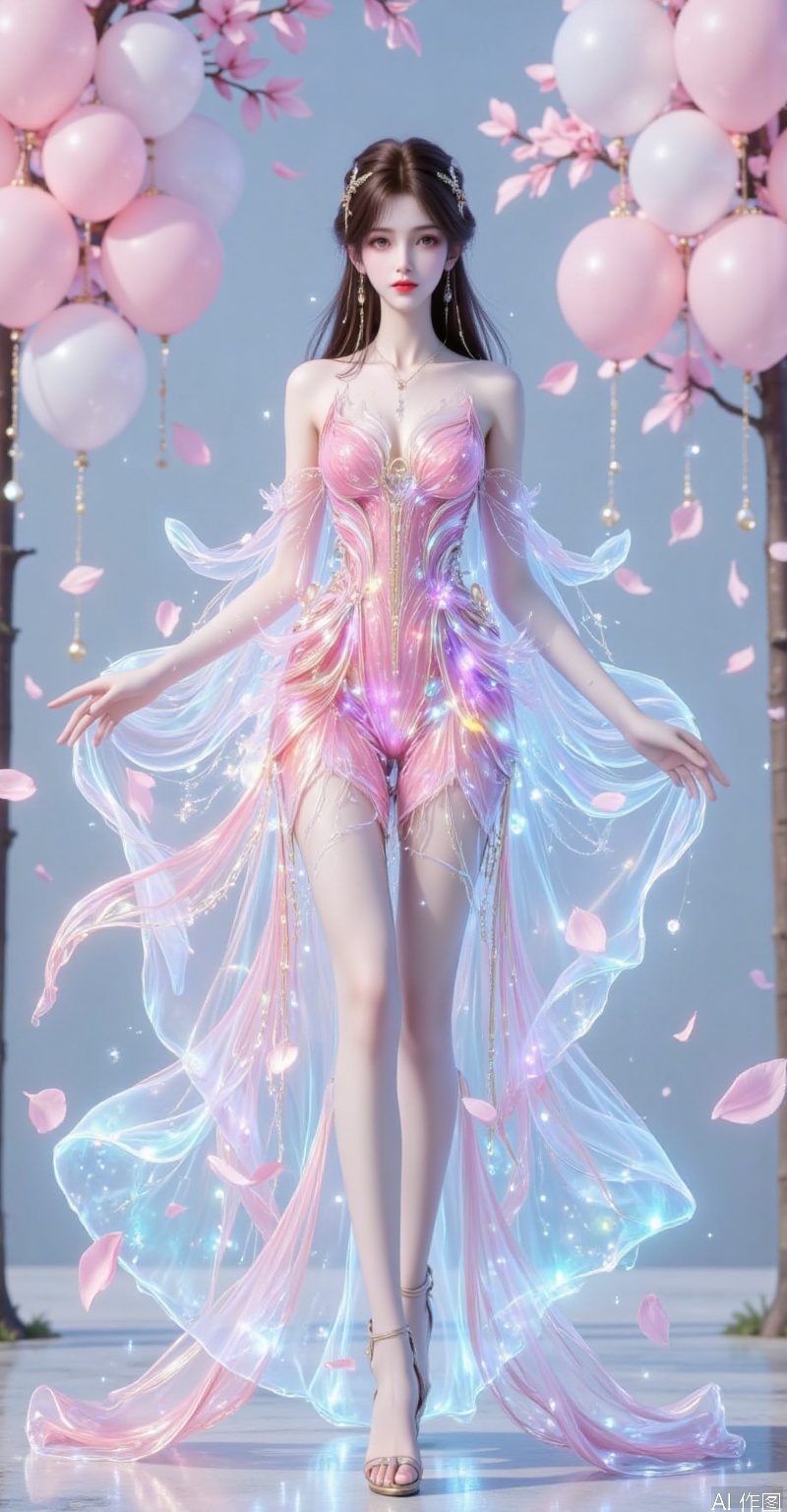 An artistic picture that combines double exposure effects and 3D rendering technology shows an elegant beauty. Her figure is intertwined with dreamy balloons and pink petals, with rich and blurred layers. In the picture, the sparkling water surface reflects the reflection of the balloon, which is clear and transparent, adding a sense of tranquility and dreaminess. The balloon is light and transparent, colorful, floating in the picture, creating a romantic and beautiful atmosphere with the pink petals that flutter in the wind. The slender long legs look particularly sexy and elegant under three-dimensional realistic rendering. The beauty's smile is sweet and confident, and the whole picture is full of technology, art and romantic atmosphere, making people feel like they are in a world where the future and dreams are intertwined.