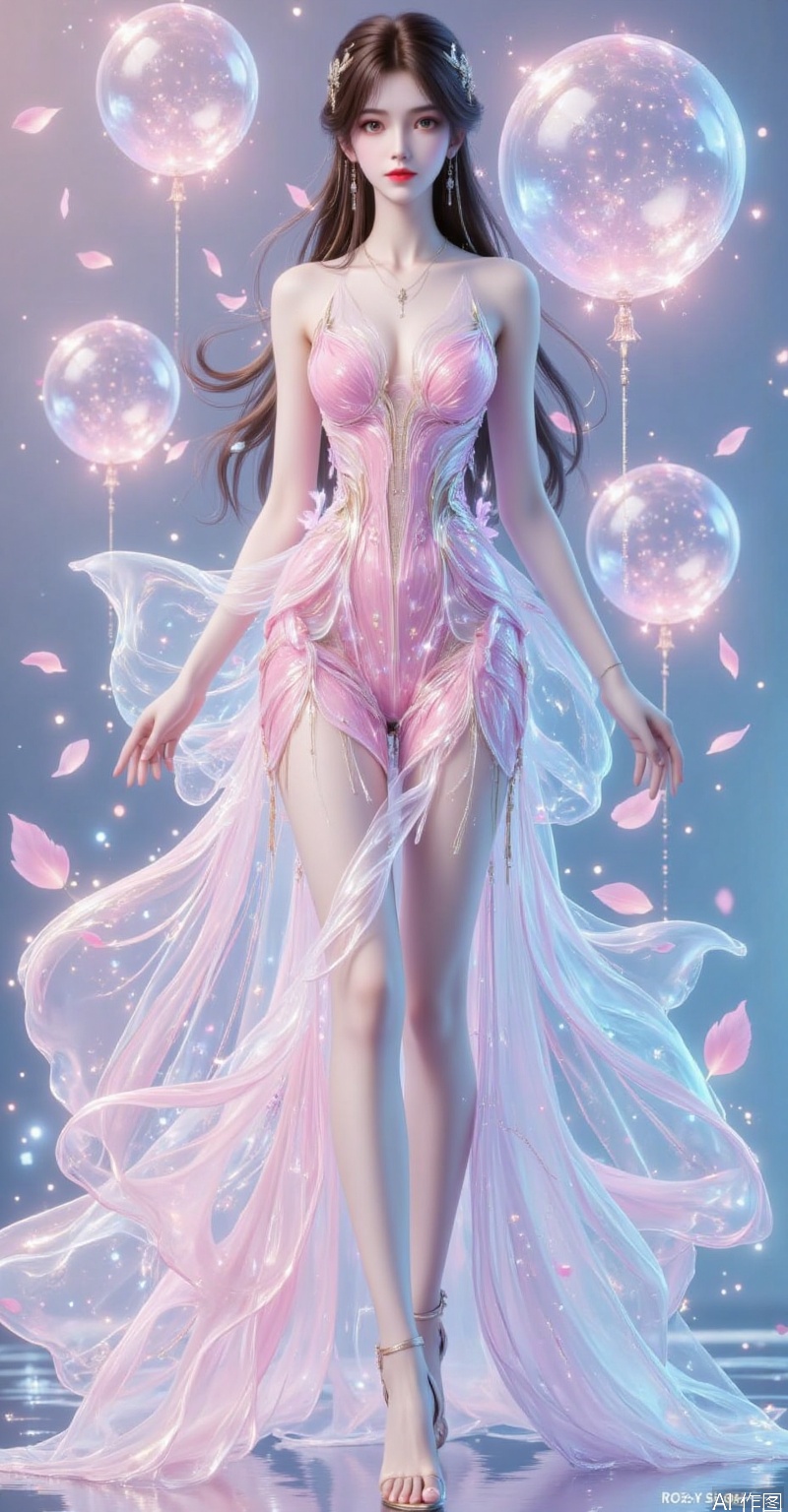 An artistic picture that combines double exposure effects and 3D rendering technology shows an elegant beauty. Her figure is intertwined with dreamy balloons and pink petals, with rich and blurred layers. In the picture, the sparkling water surface reflects the reflection of the balloon, which is clear and transparent, adding a sense of tranquility and dreaminess. The balloon is light and transparent, colorful, floating in the picture, creating a romantic and beautiful atmosphere with the pink petals that flutter in the wind. The slender long legs look particularly sexy and elegant under three-dimensional realistic rendering. The beauty's smile is sweet and confident, and the whole picture is full of technology, art and romantic atmosphere, making people feel like they are in a world where the future and dreams are intertwined.