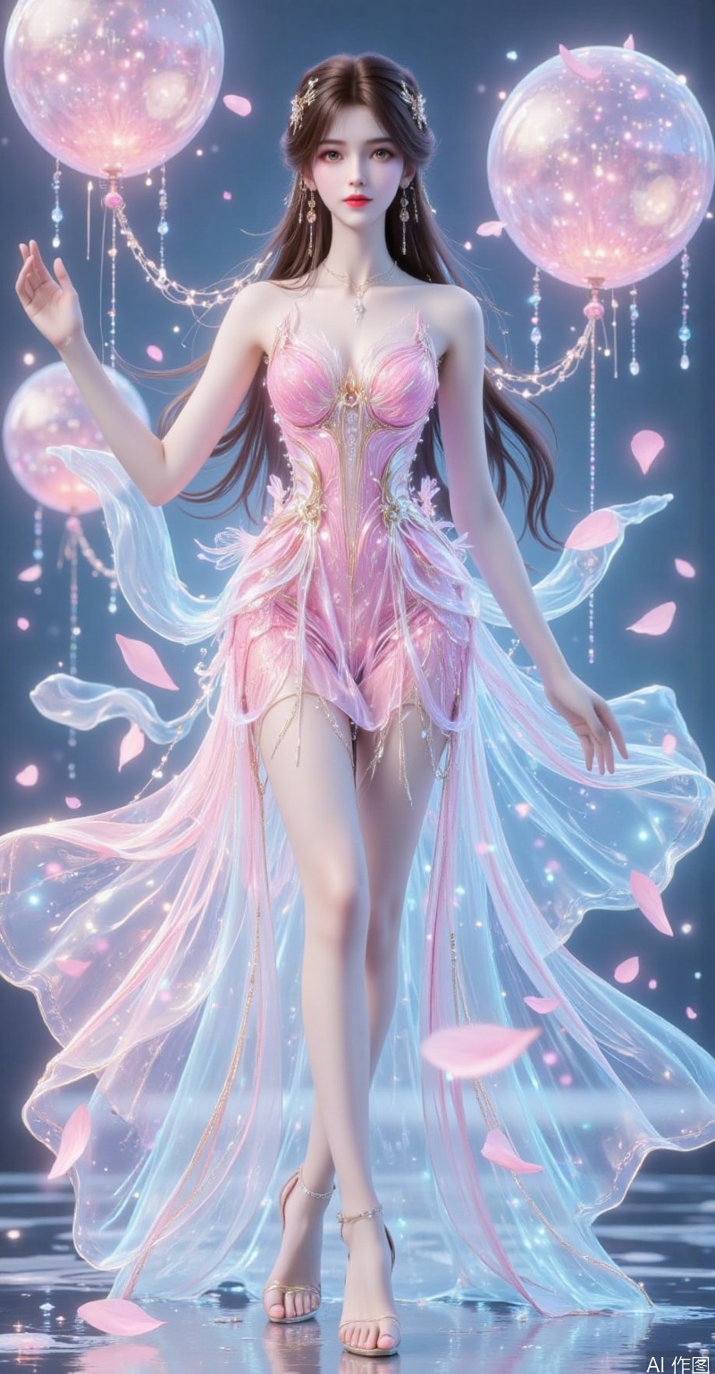 An artistic picture that combines double exposure effects and 3D rendering technology shows an elegant beauty. Her figure is intertwined with dreamy balloons and pink petals, with rich and blurred layers. In the picture, the sparkling water surface reflects the reflection of the balloon, which is clear and transparent, adding a sense of tranquility and dreaminess. The balloon is light and transparent, colorful, floating in the picture, creating a romantic and beautiful atmosphere with the pink petals that flutter in the wind. The slender long legs look particularly sexy and elegant under three-dimensional realistic rendering. The beauty's smile is sweet and confident, and the whole picture is full of technology, art and romantic atmosphere, making people feel like they are in a world where the future and dreams are intertwined.
