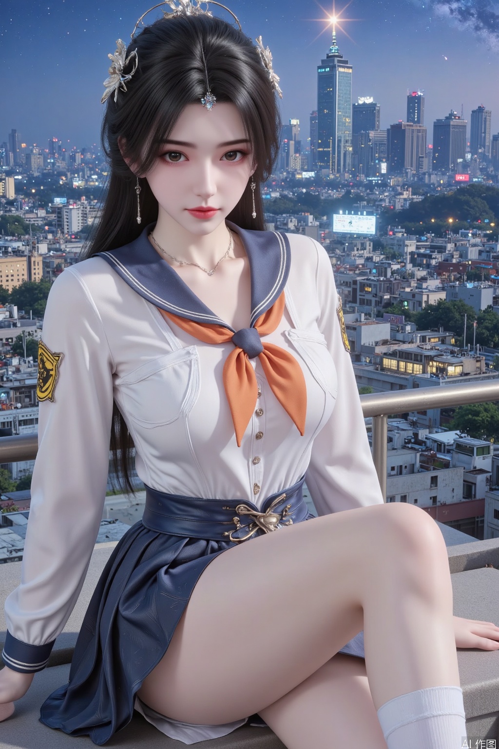 Masterpiece, the best quality, high quality, (colorful) , big breasts,,(black hair:1.4),(long legs:1.3),,score_9,score_8_up,score_7_up,score_6_up,score_5_up,score_4_up,source_anime,source_cartoon,,firefly \(honkai: star rail\),1girl,solo,skirt,hairband,long hair,black hairband,looking at viewer,sitting,hair intakes,pleated skirt,school uniform,bow,sky,shirt,long sleeves,orange neckerchief,socks,closed mouth,cityscape,white shirt,serafuku,sidelocks,city,multicolored eyes,sailor collar,miniskirt,star \(sky\),neckerchief,skyline,knees up,white socks,building,from above,looking up,
